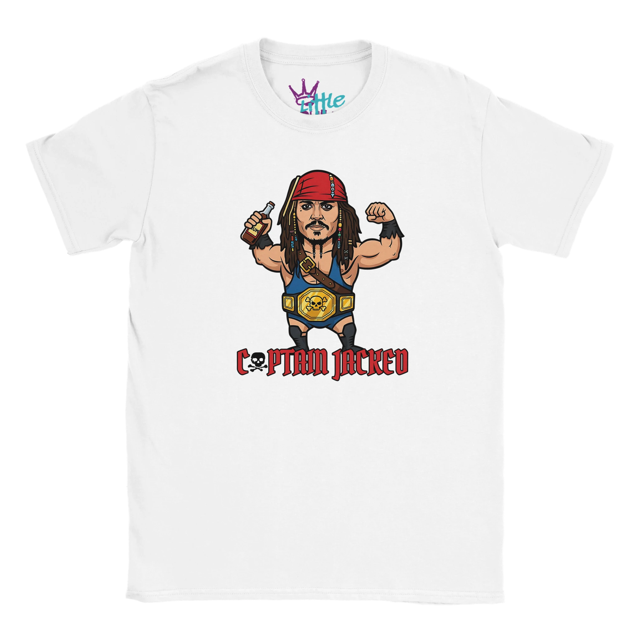 The Captain Jacked x Champions Kids T-Shirt by Little Cult features a cartoon pirate with a red bandana, gold belt, and sword—a fun wrestling parody for young Captain Jack Sparrow or Pirates of the Caribbean fans.