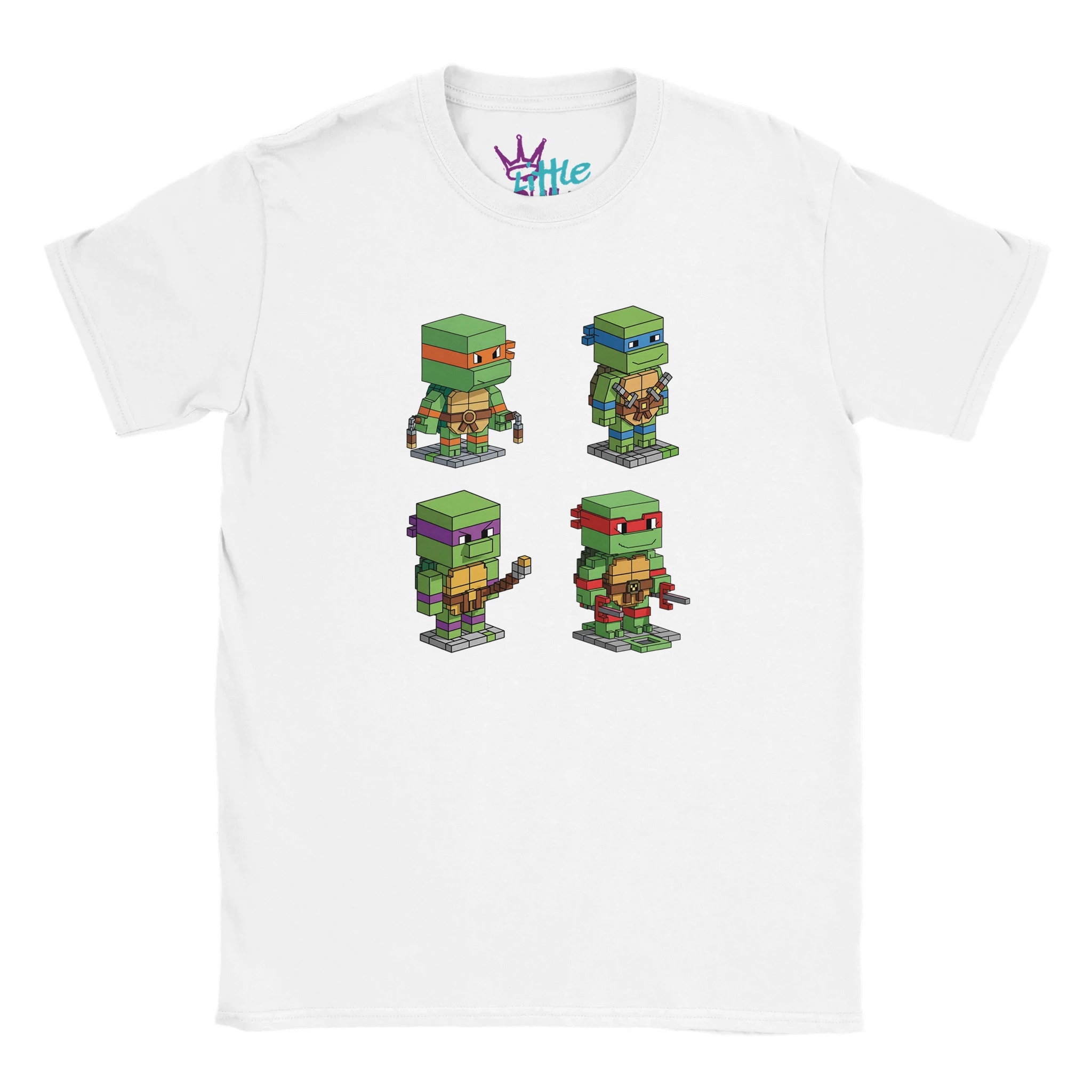 The Little Cult Turtle Mine x Mined Kids T-Shirt is a white tee showcasing the four Teenage Mutant Ninja Turtles in playful voxel art, inspired by Minecraft.