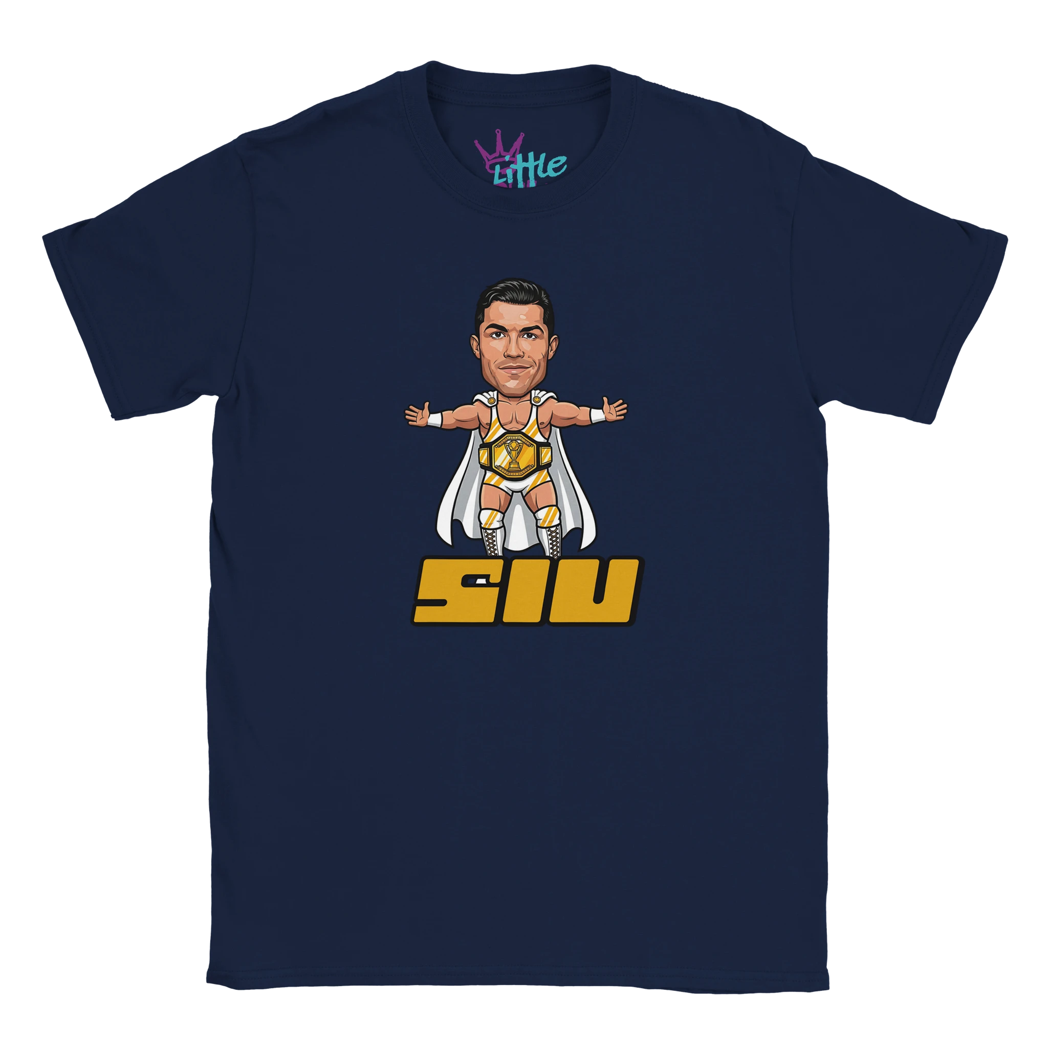 The Little Cult SIU x Champions Kids T-Shirt in navy features a cartoon superhero in gold armor and cape with arms outstretched above bold yellow "Siu" text—ideal for young Cristiano Ronaldo fans.