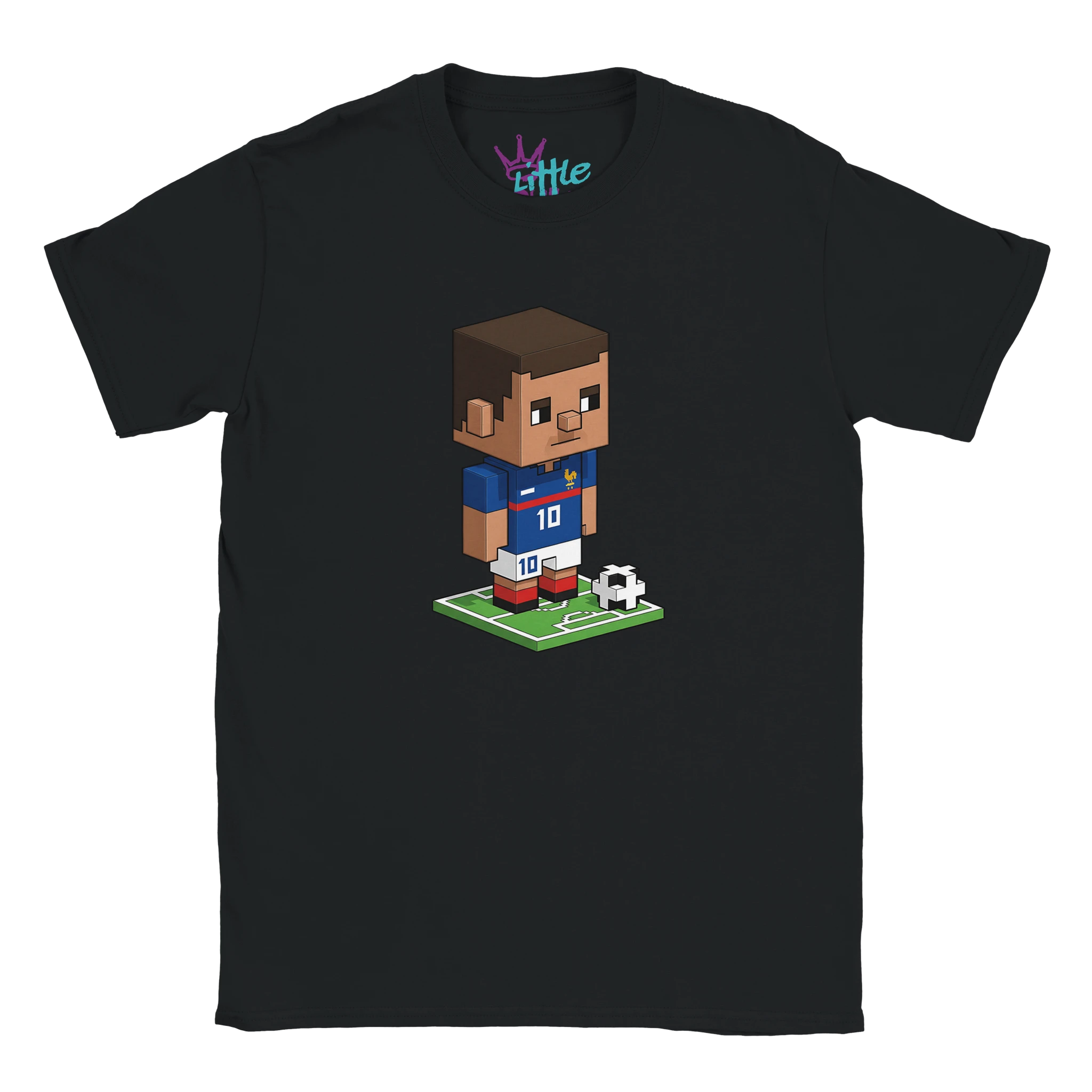 Little Cult’s France Forge x Mined Kids T-Shirt features a voxel-style soccer player in a blue #10 jersey on a green field—ideal for Minecraft fans and young soccer lovers.
