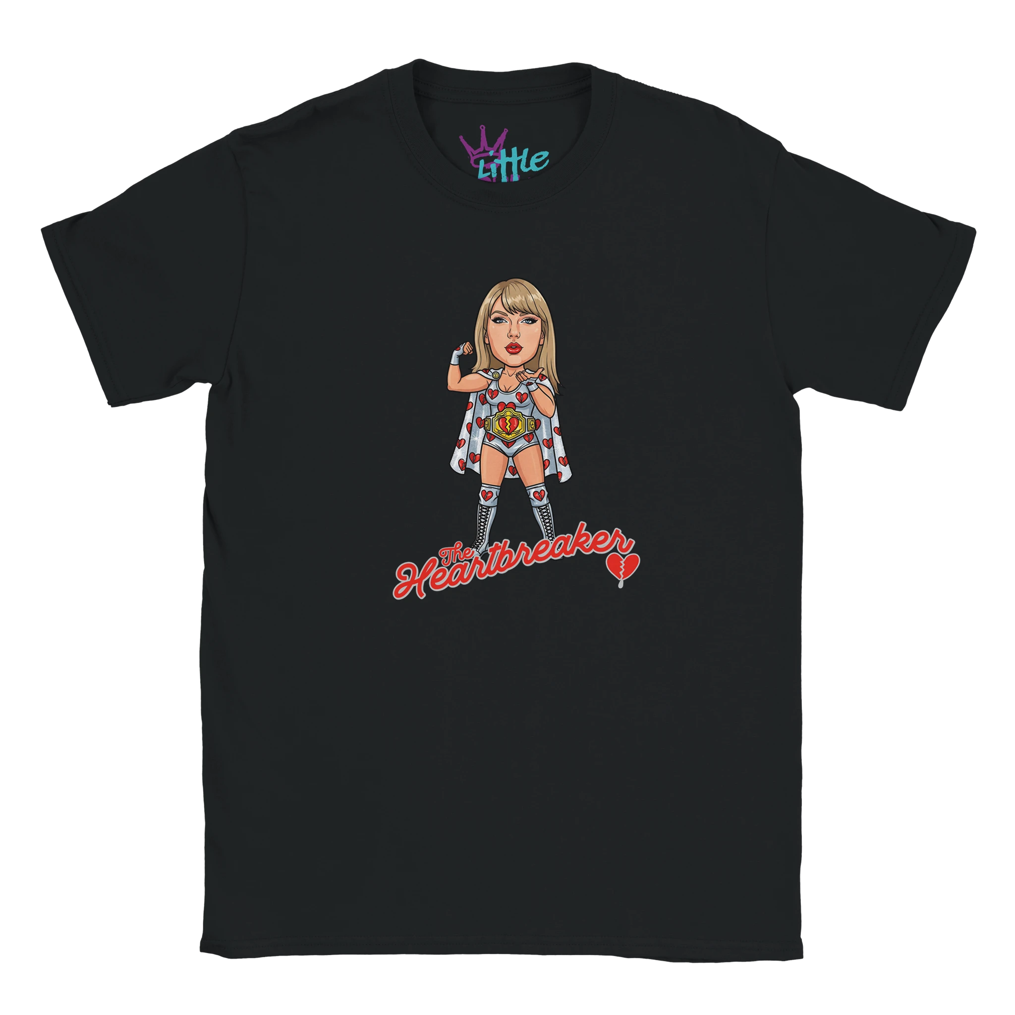 The Heartbreaker x Champions Kids T-Shirt by Little Cult features a cartoon woman superhero with a mic, “Heartbreaker” in red script, and a broken heart—ideal for kids who want Taylor Swift t-shirt vibes.
