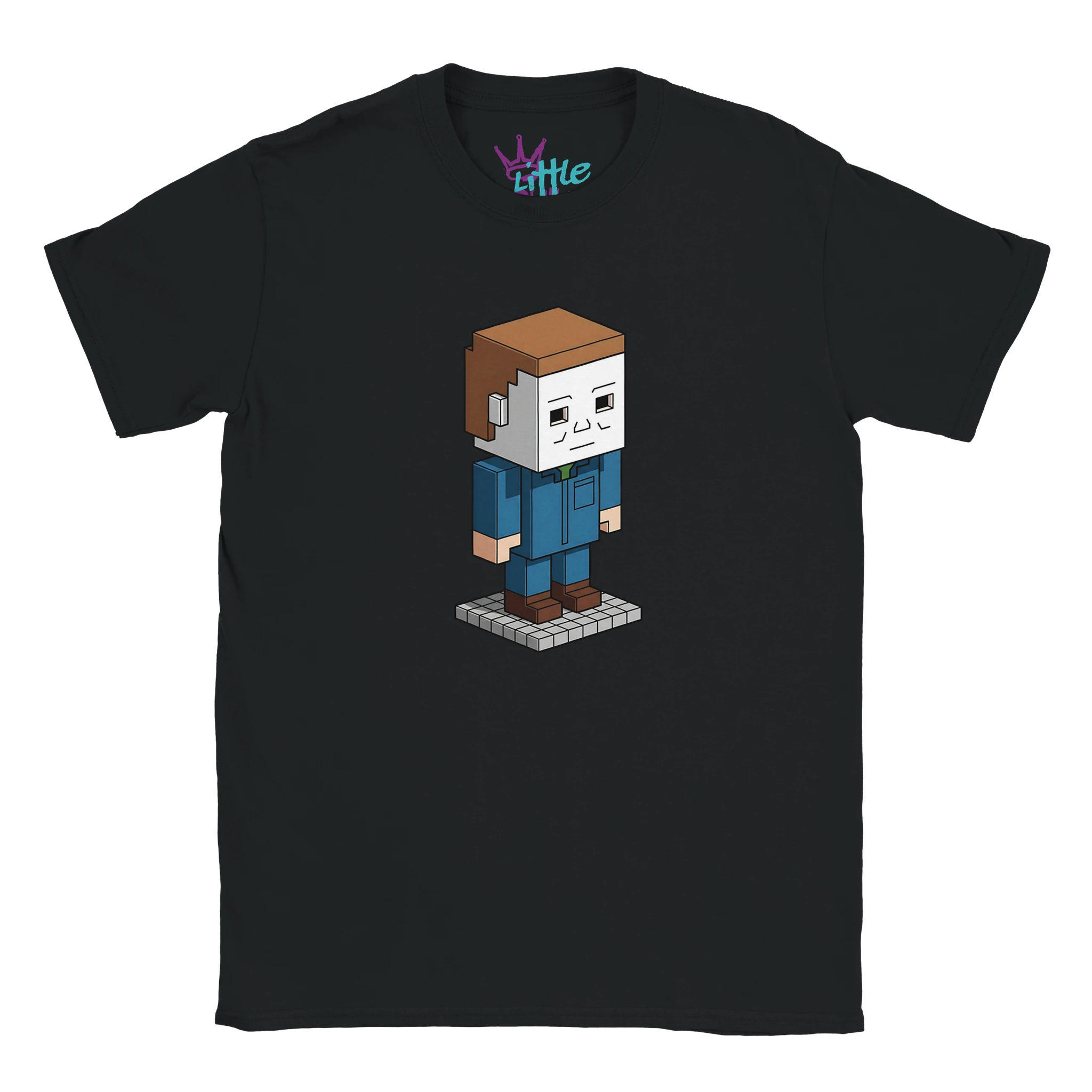 The Halloween Craft x Mined Kids T-Shirt by Little Cult features a pixel art character and Little printed inside the neckline—perfect for Minecraft fans.