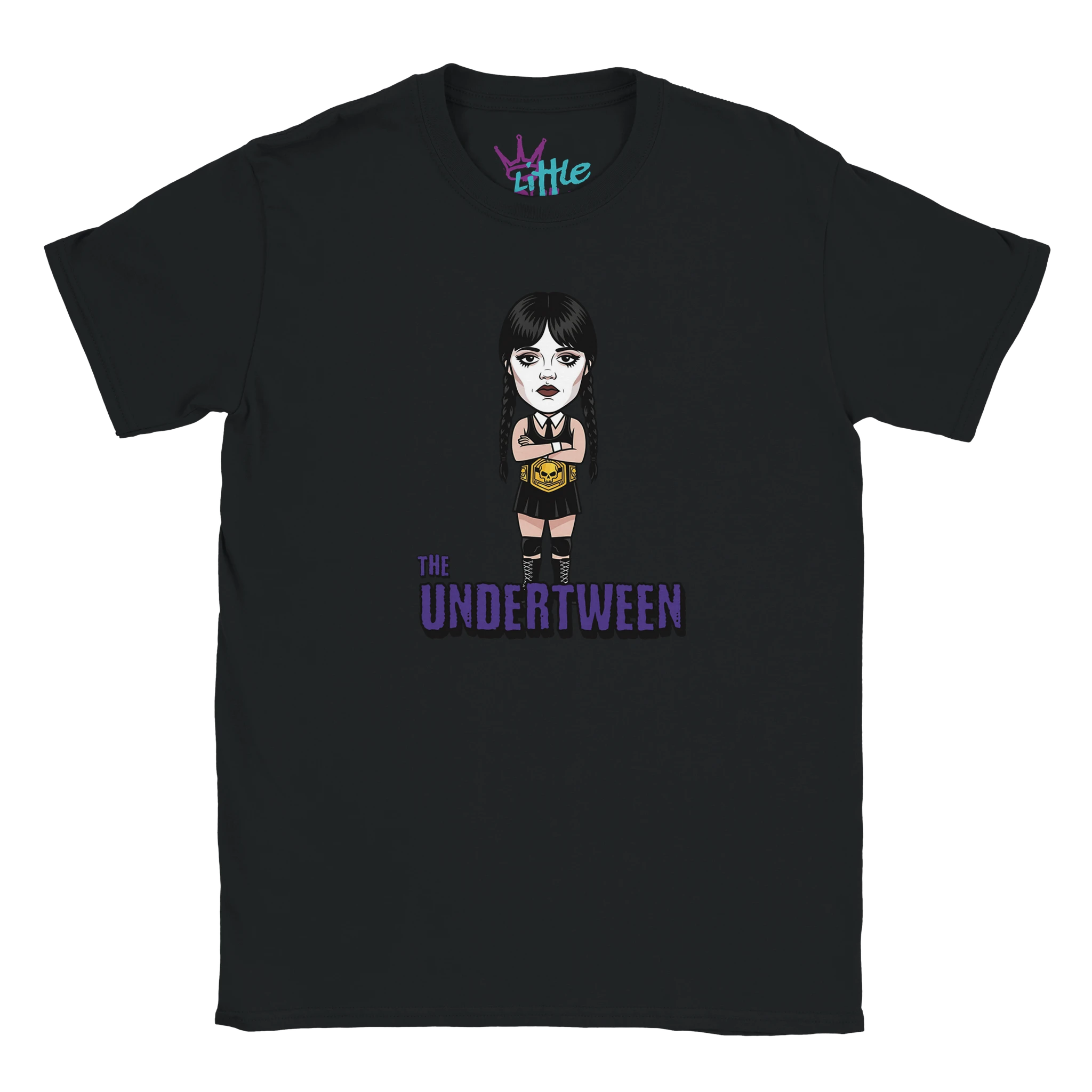 The Undertween x Champions Kids T-Shirt by Little Cult features a cartoon goth girl with a championship belt and THE UNDERTWEEN in purple and blue below—perfect for Wednesday Addams fans. Little Cult logo on the collar.
