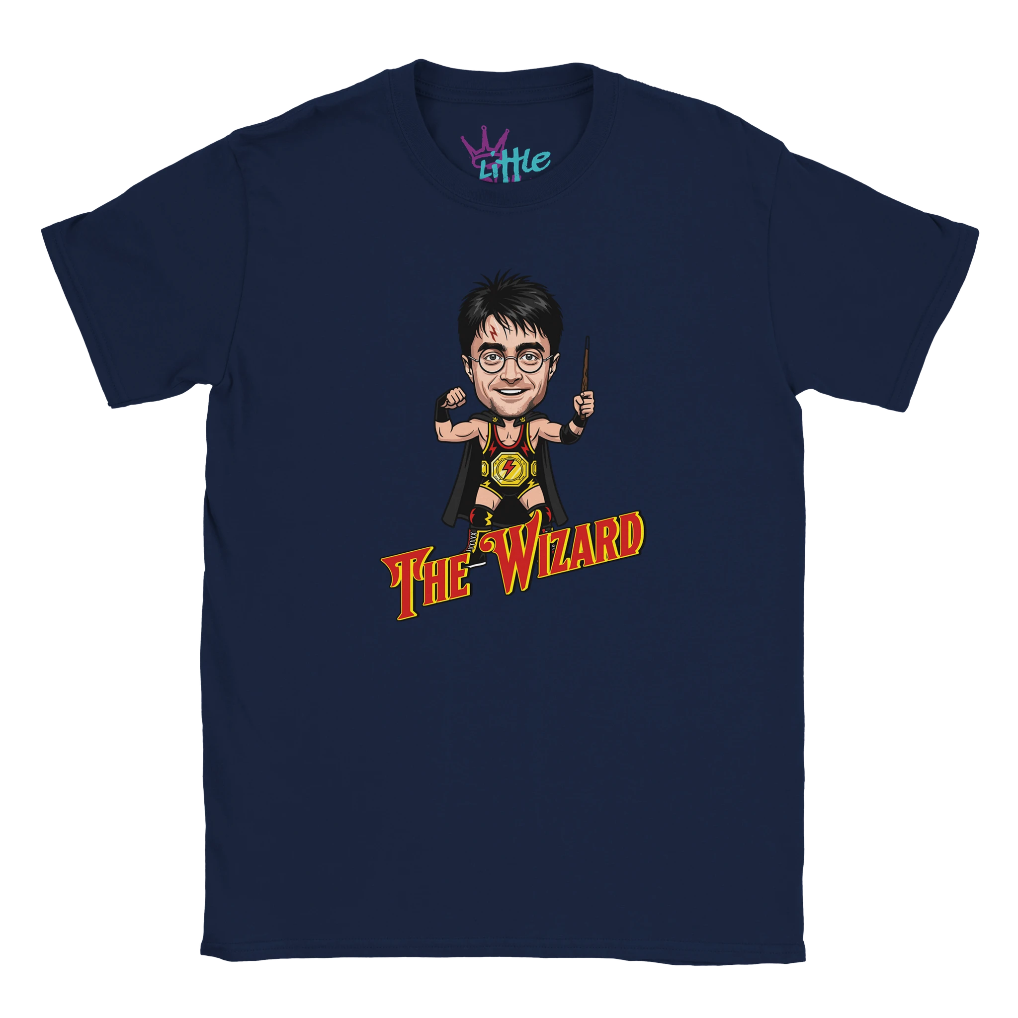 The Wizard x Champions Kids T-Shirt by Little Cult features a navy blue design with a cartoon wizard holding a wand, glasses, and a lightning bolt on his chest. The Wizard appears in bold yellow and red—ideal for young Harry Potter fans.