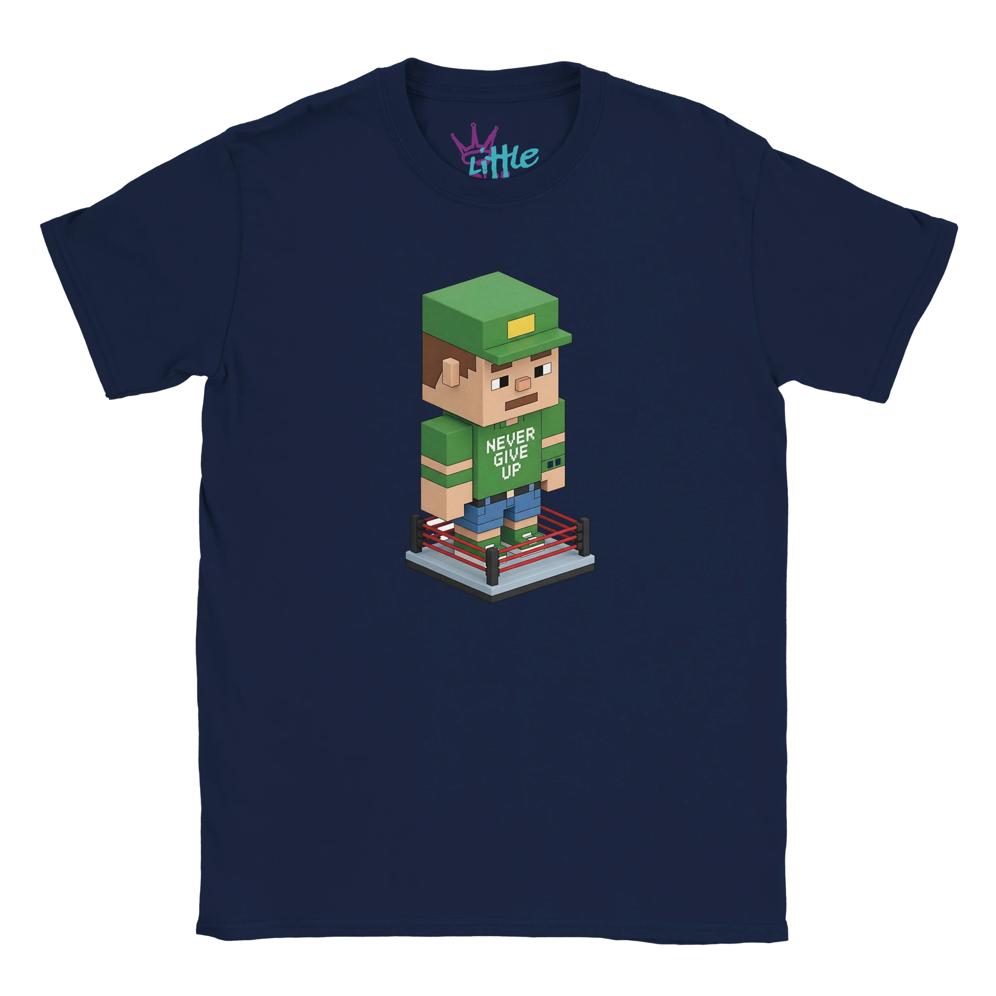 The Cenation Voxel x Mined Kids T-Shirt by Little Cult is a navy blue tee featuring a pixel art character with Never Give Up in a wrestling ring, nodding to John Cena and Minecraft. Includes a small Little label on the collar.