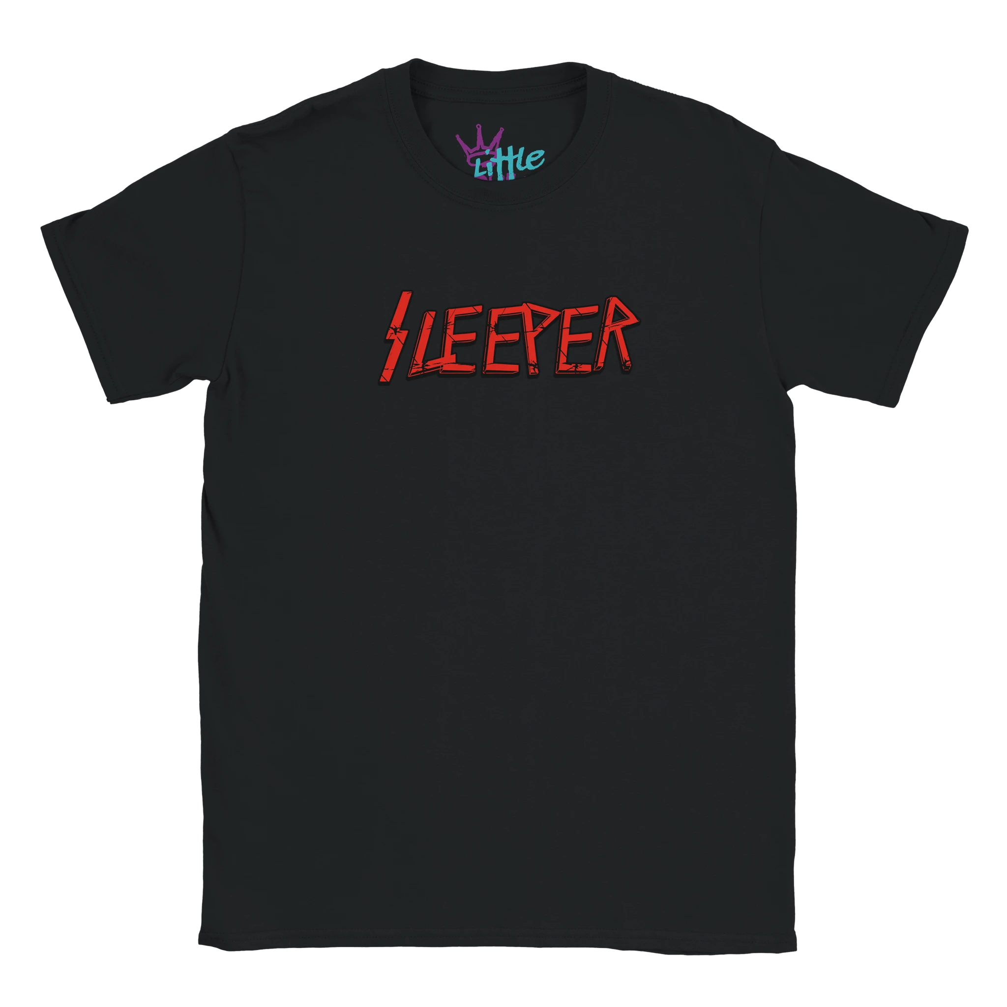 The Sleeper x Riffs Kids T-Shirt by Little Cult features bold, red SLEEPER text in a Slayer-inspired font on black heavyweight cotton, plus a small purple and teal Little Cult logo printed inside the collar.
