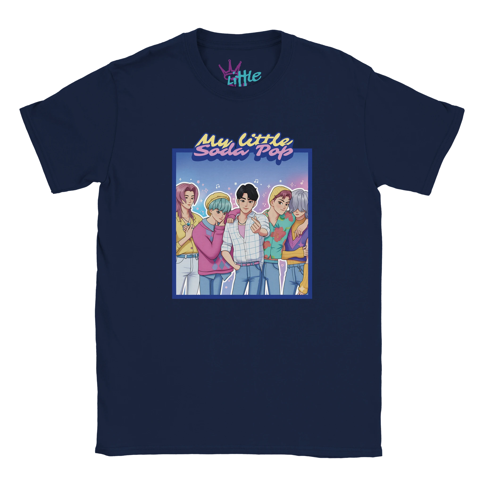 The Little Cult My Little Soda Pop x Deokhu Kids T-Shirt in navy features four cartoon characters holding bubble drinks and smiling under playful “My Little Soda Pop” text. Perfect for K-Pop fans and kids’ fashion.