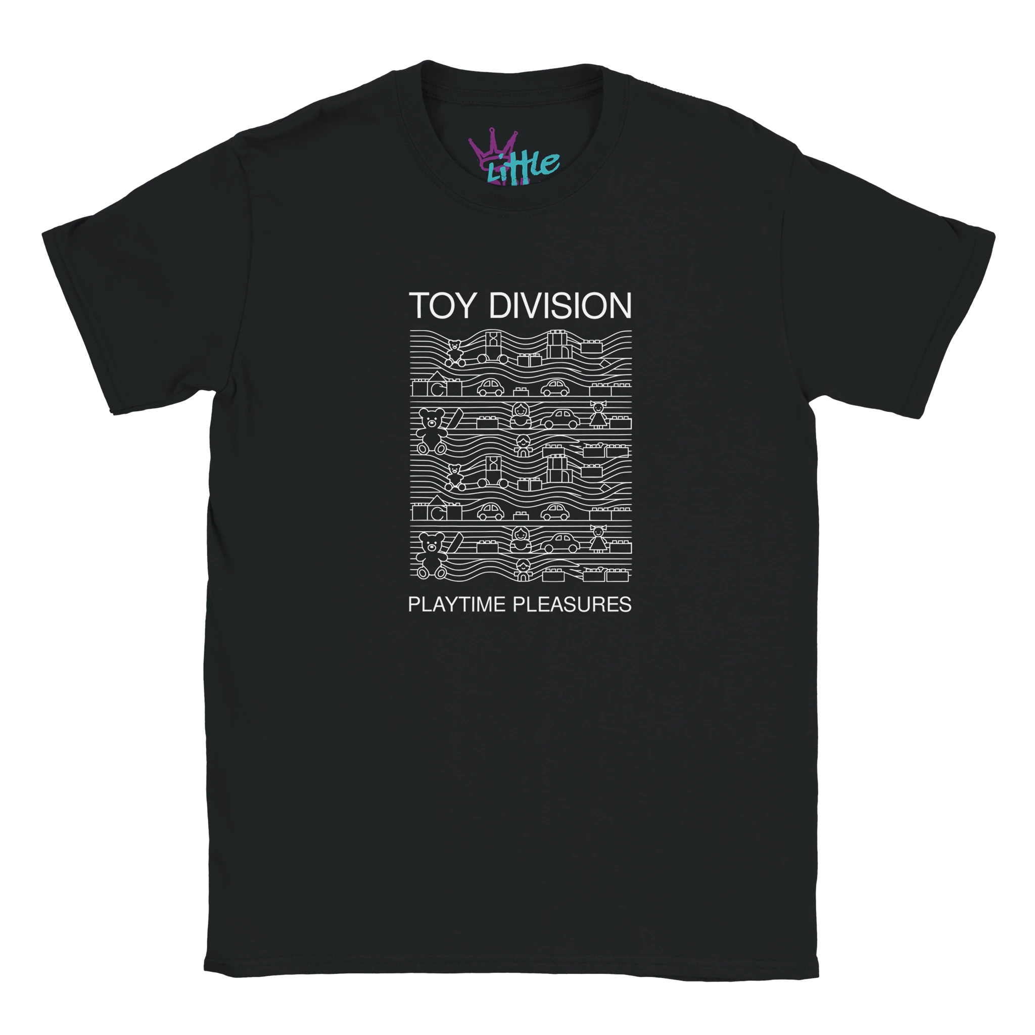 The Toy Division x Riffs Kids T-Shirt by Little Cult features TOY DIVISION above toy blocks on wavy lines, with PLAYTIME PLEASURES below the design—a playful nod to Joy Division. Durable and perfect for young music fans.