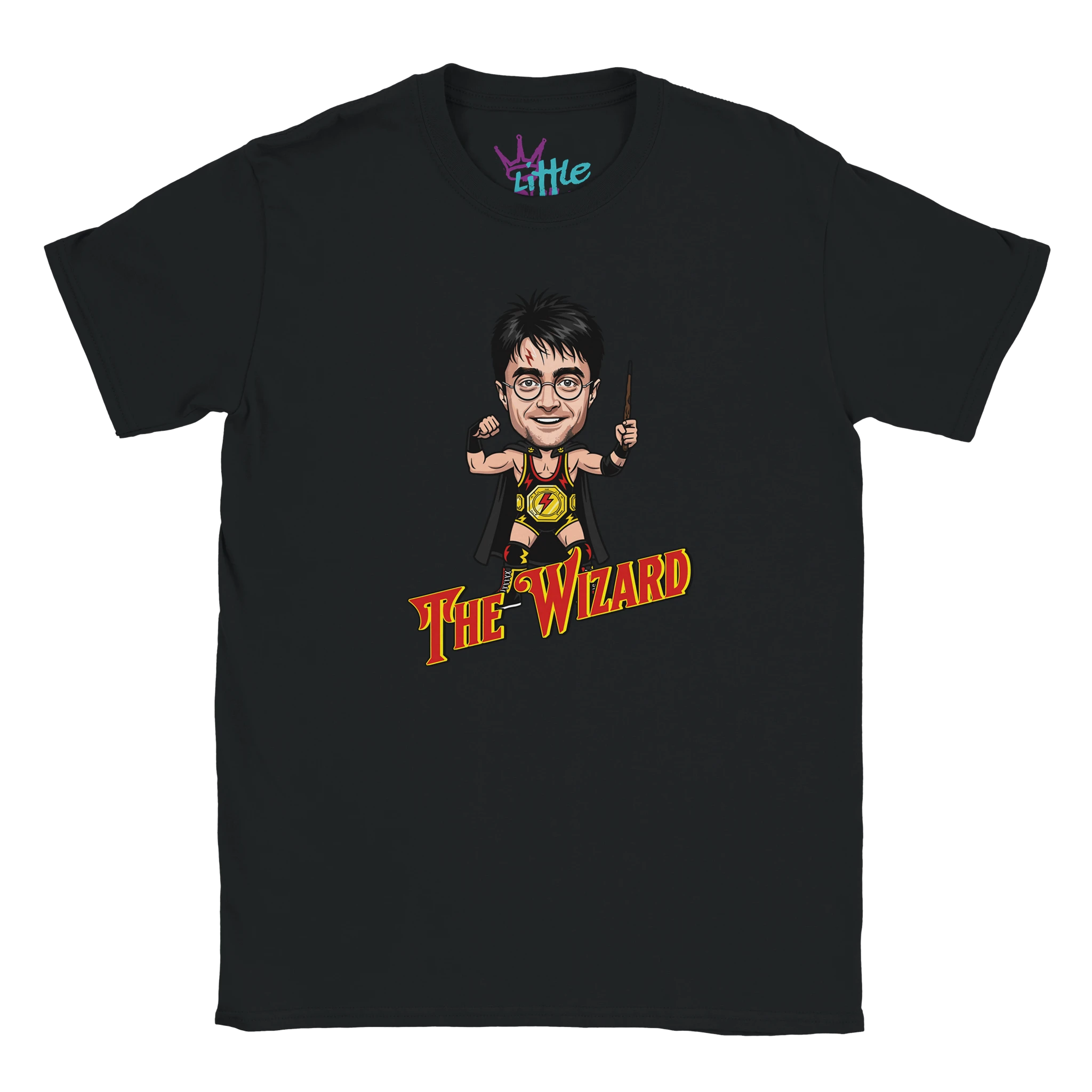 The Wizard x Champions Kids T-Shirt by Little Cult features a cartoon boy in glasses and a wizard robe with a wand, plus bold yellow and red The Wizard text—a perfect pick for young Harry Potter fans or unique Hogwarts-style tees.