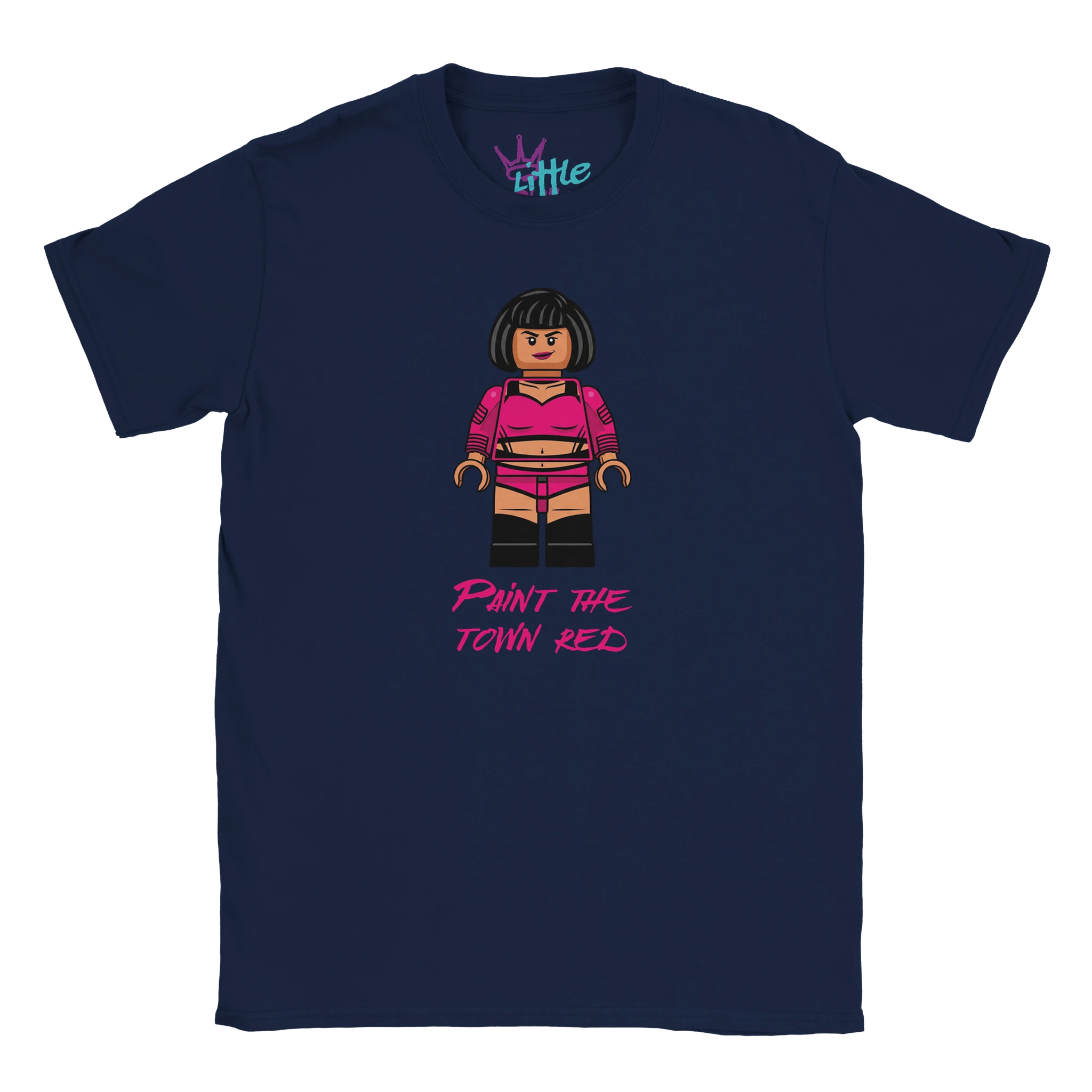Navy blue Hot Pink Brick Idol x Blocks Kids T-Shirt by Little Cult, featuring a LEGO-style female figure in pink and bold "Paint the Town Red" lettering. Part of the Little Cult Blocks Collection with "Little" inside the neckline.