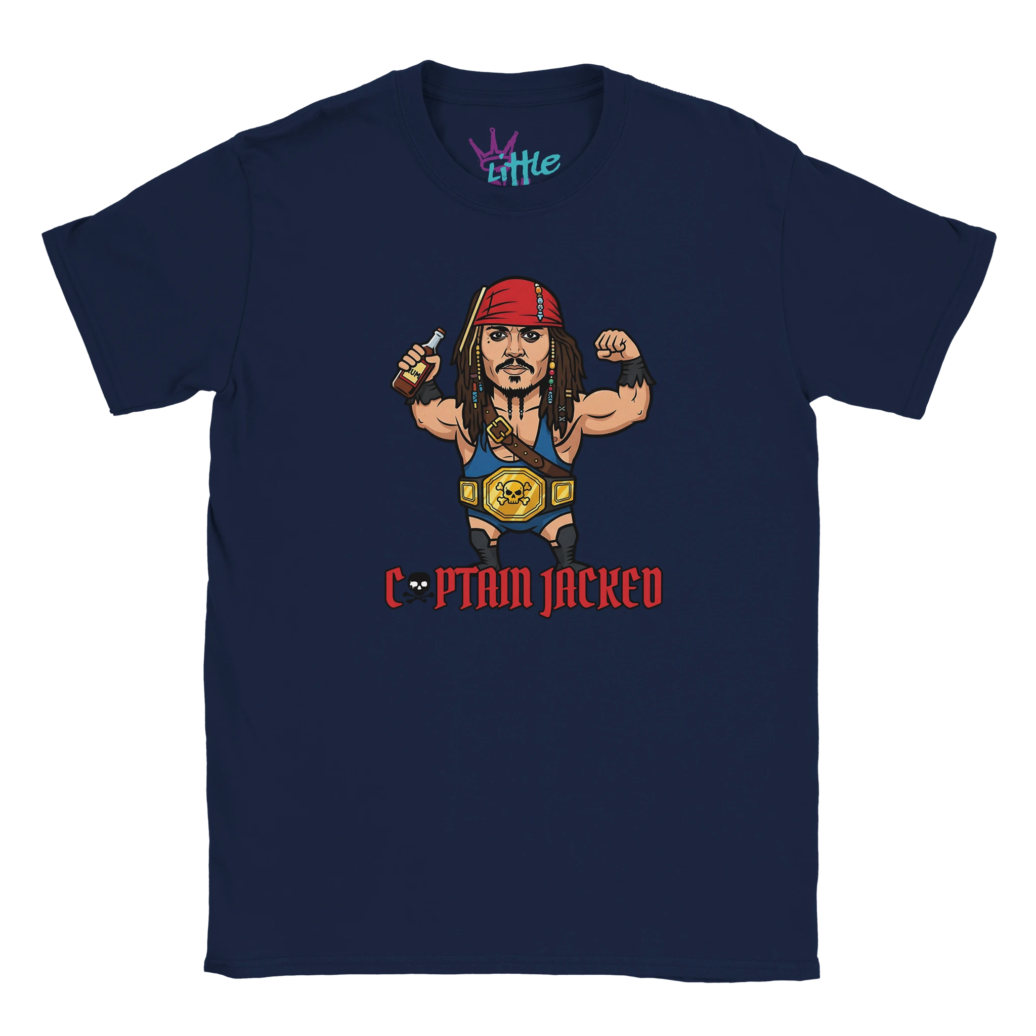 The Little Cult Captain Jacked x Champions Kids T-Shirt features a navy blue design with a cartoon pirate flexing, wielding a sword, and sporting a champion belt. Captain Jacked appears below in stylized font—ideal for wrestling parody fans.