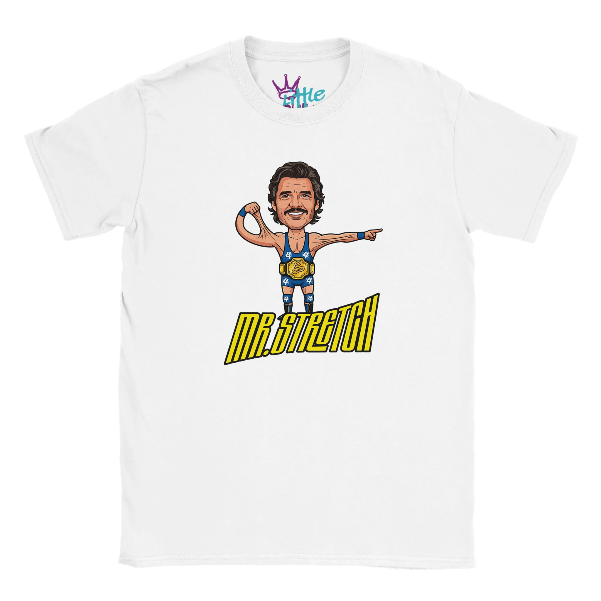 Little Cult’s Mr Stretch x Champions Kids T-Shirt features a cartoon man in sports gear, one arm raised and pointing, with bold yellow “MR. STRETCH” text—a playful tribute for young wrestling fans.