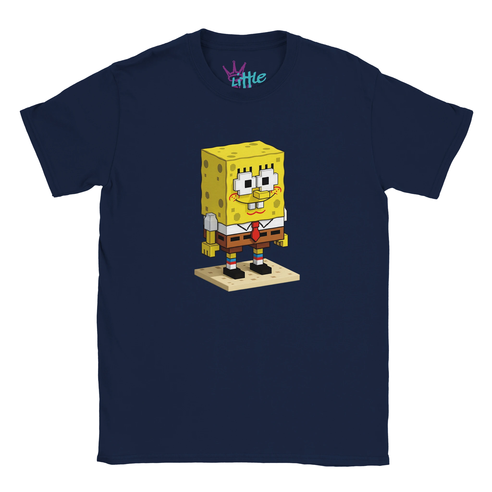 Little Cults Pineapple Voxel x Mined Kids T-Shirt is a navy blue tee featuring a SpongeBob voxel-art graphic inspired by collectible Minecraft-style designs, with SpongeBob standing on a sandy base.