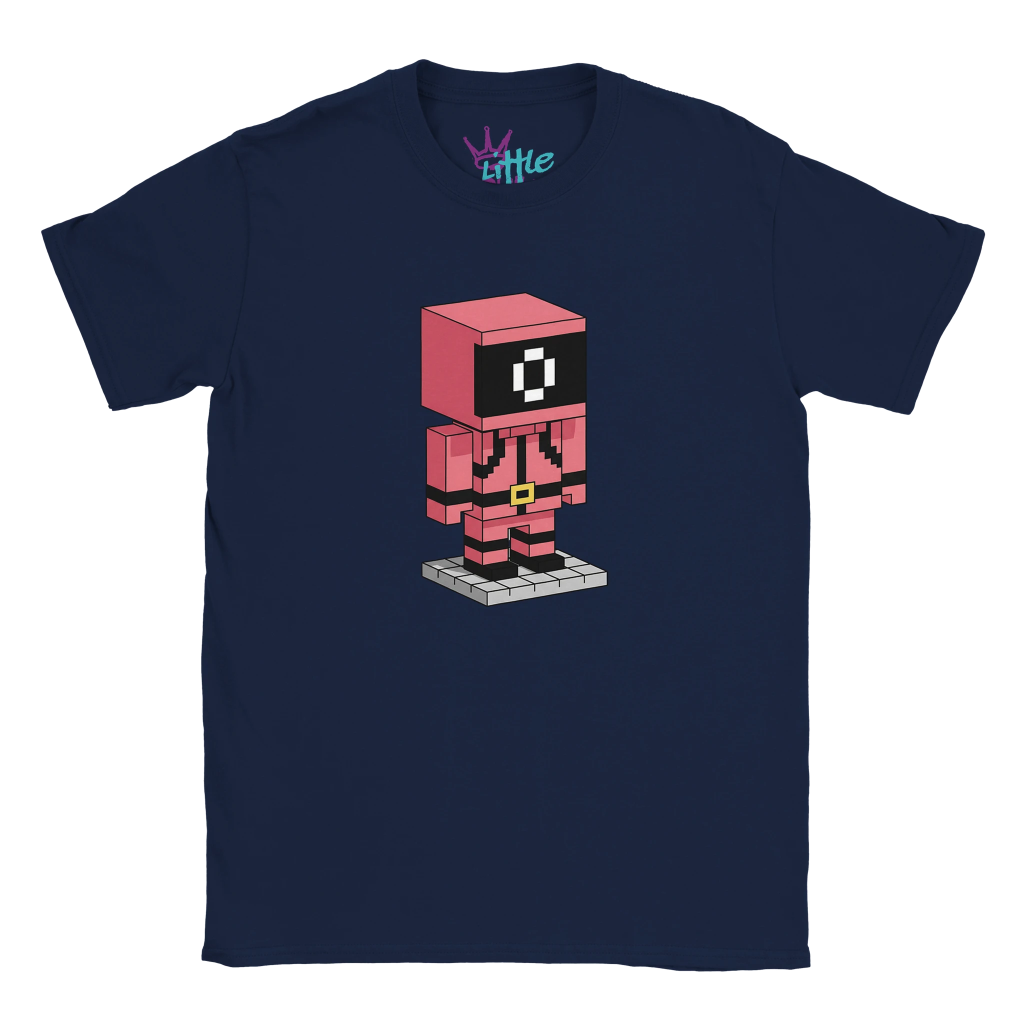The Guard Mine x Mined Kids T-Shirt by Little Cult is a navy blue tee featuring a blocky, pixel art Santa in a Minecraft-inspired style. Santa stands on a gray platform with a red suit, black belt, and square head.