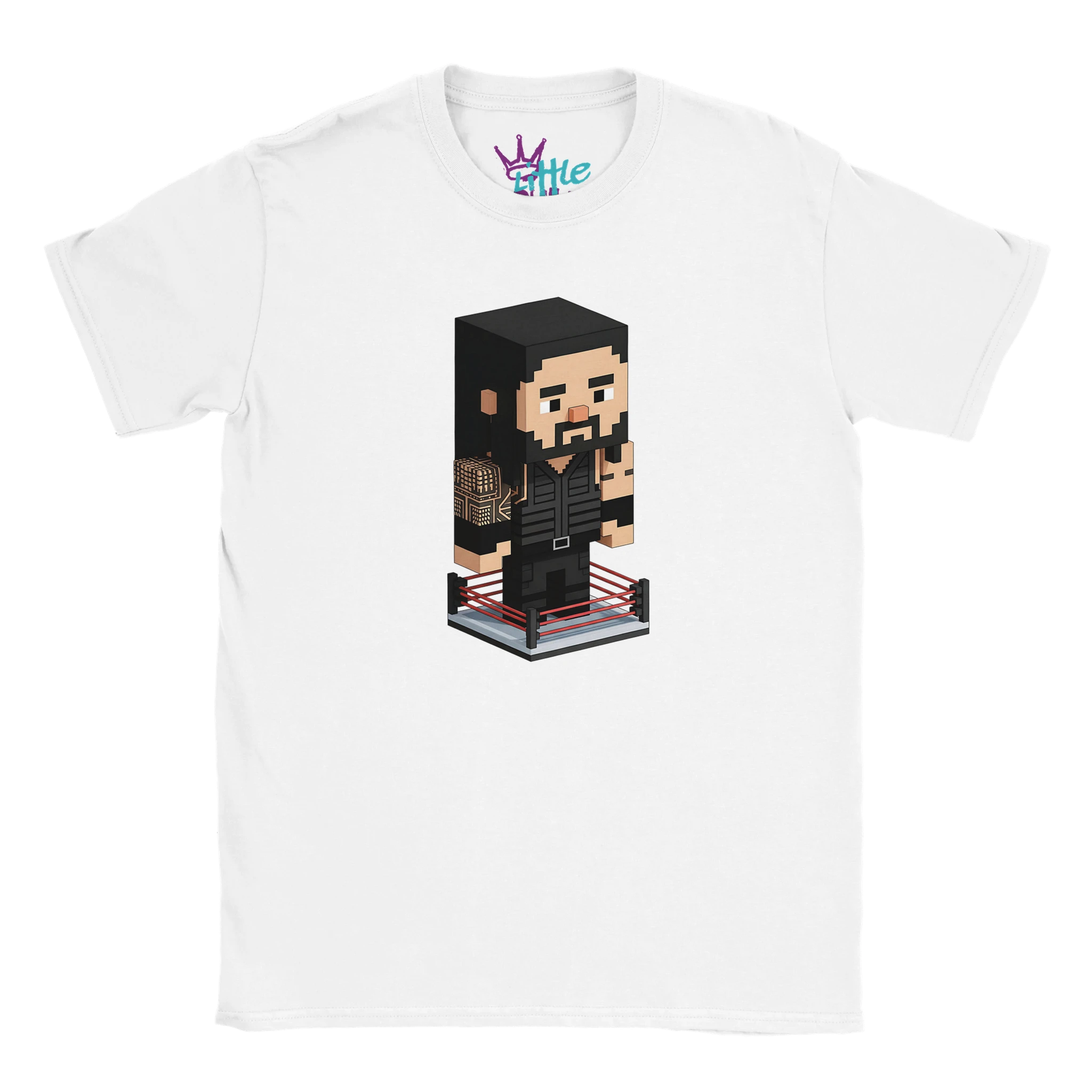 The Tribal Mine x Mined Kids T-Shirt by Little Cult features a pixel art character inspired by Roman Reigns, with long black hair and beard, standing in a ring with a gold belt—a must-have WWE tee for young fans.