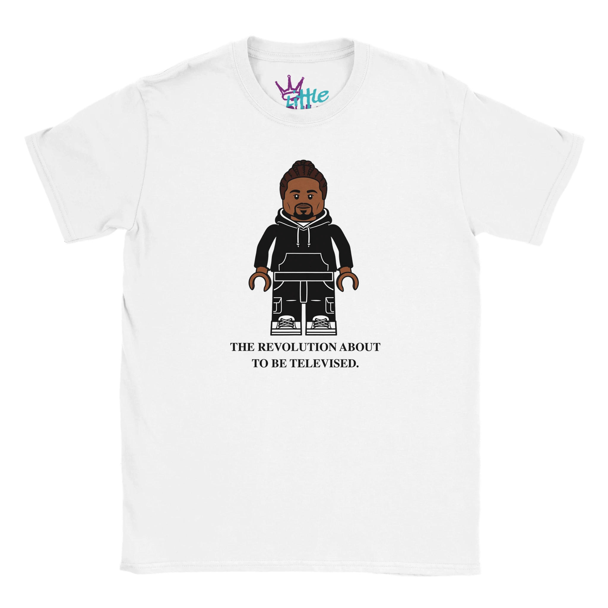 The Damn Brick Icon x Blocks Kids T-Shirt by Little Cult features a LEGO-style figure in a black hoodie and “THE REVOLUTION ABOUT TO BE TELEVISED” print, perfect for hip hop kids.