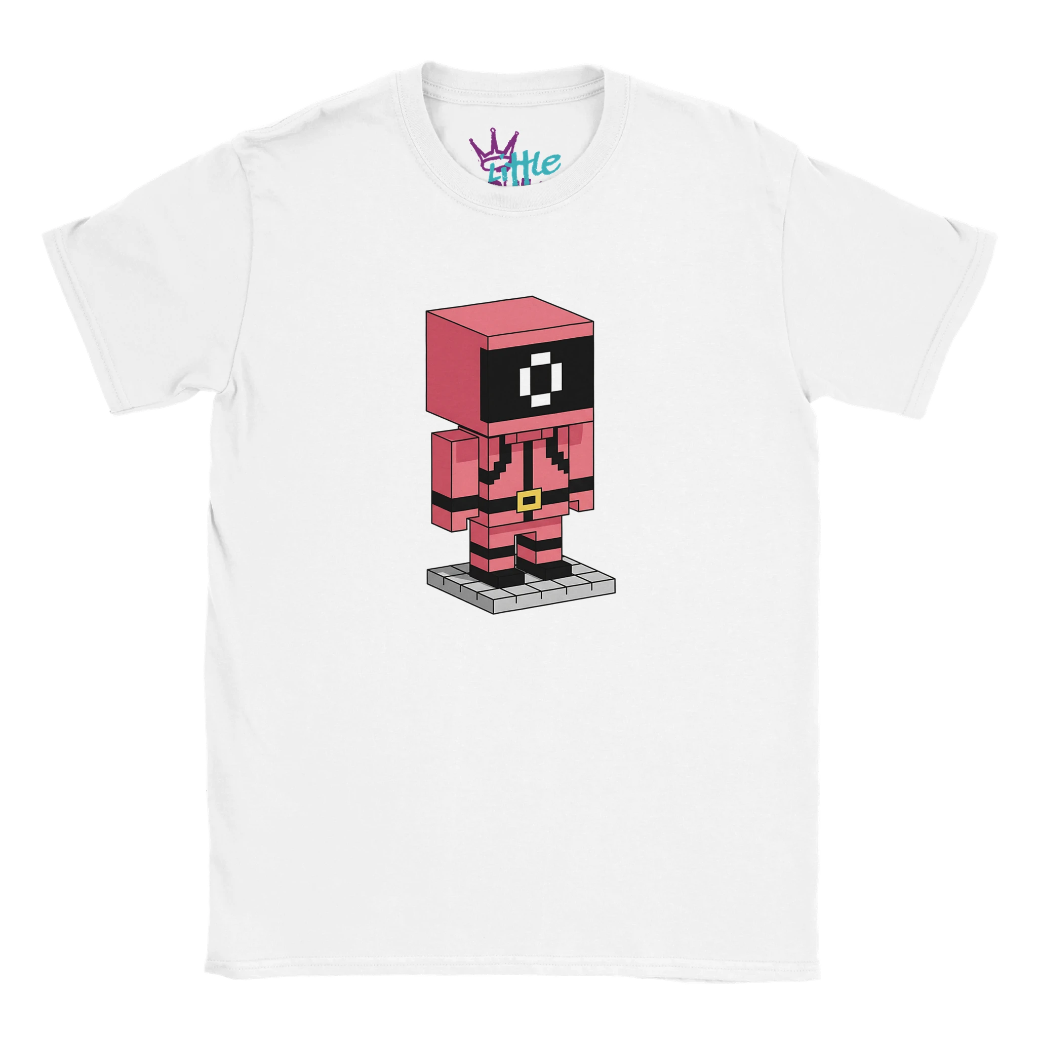 The Little Cult Guard Mine x Mined Kids T-Shirt features a Minecraft-inspired Squid Game guard in a red suit, black square head, and white eye patch, standing on a gray block platform.
