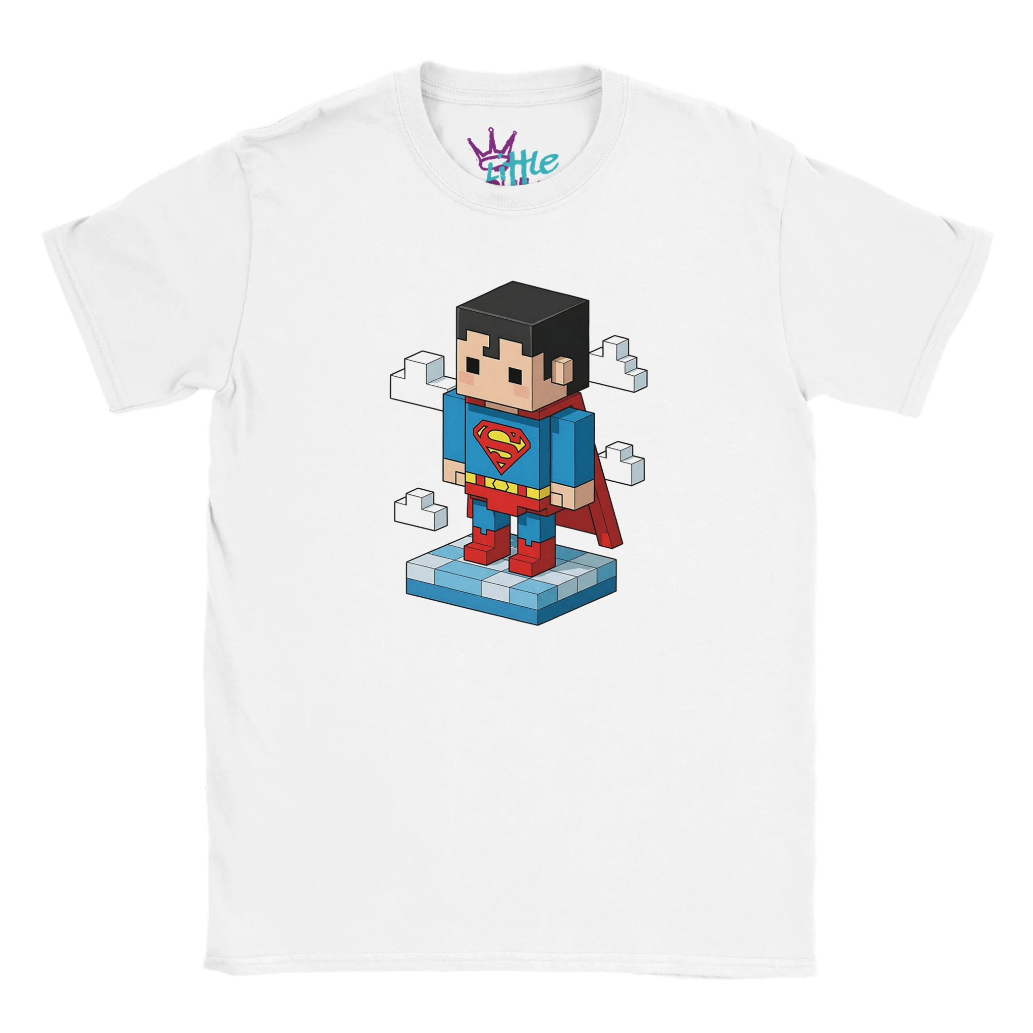 Little Cults Man of Voxel x Mined Kids T-Shirt: a white tee with voxel-style Superman in his classic suit, standing on a blue platform with clouds behind—a fun graphic for young superhero fans.