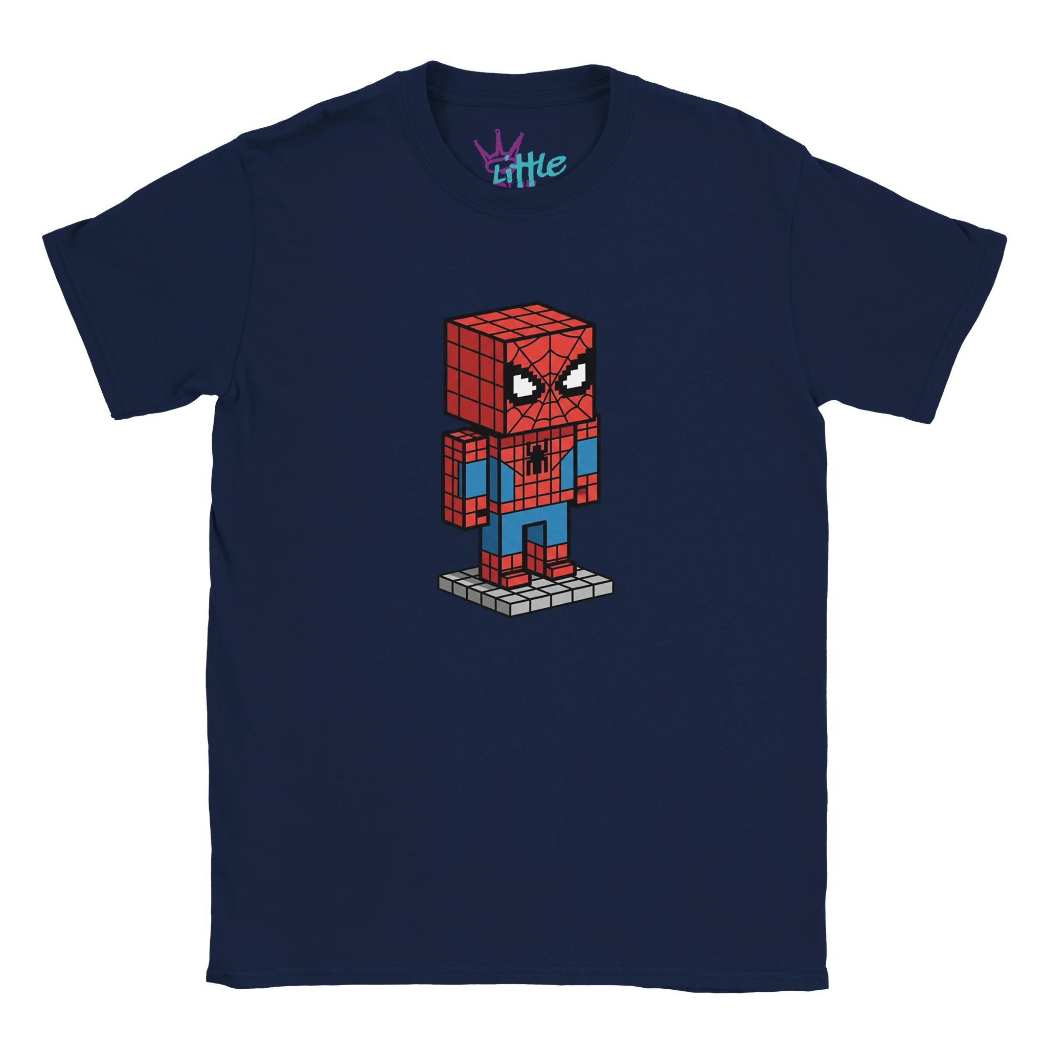 The Little Cult Web Forge x Mined Kids T-Shirt is a navy blue tee with a pixelated Spider-Man on a gray platform—ideal for fans of Minecraft kids clothing and Marvel collectibles.