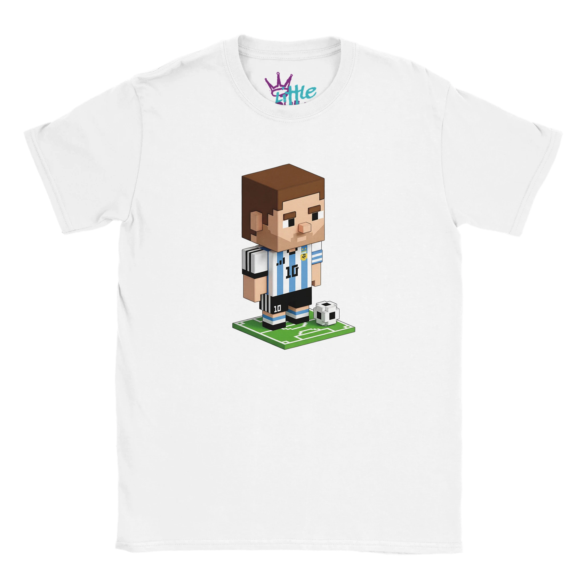 The Little Cult GOAT Voxel x Mined Kids T-Shirt is a white tee featuring a pixelated soccer player in an Argentina #10 jersey, inspired by Messi and Minecraft, standing on a green field with a ball and brown hair.