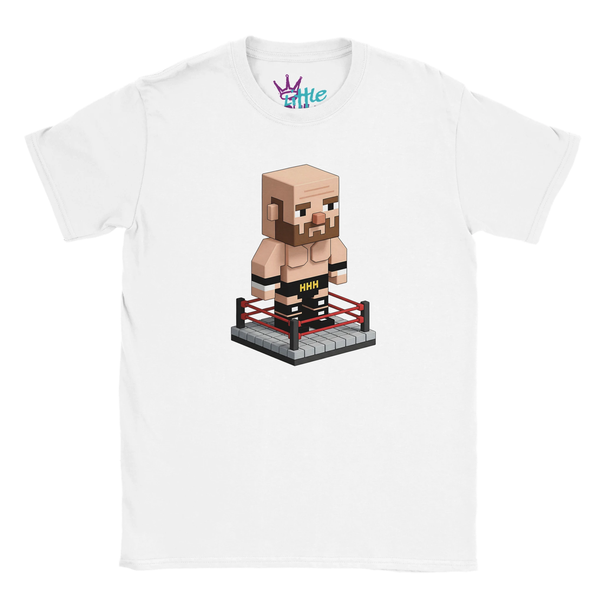 The Little Cult Game Triple Voxel x Mined Kids T-Shirt is a white tee showing a block-style wrestler inspired by Triple H in black HHH trunks, perfect for Minecraft and wrestling fans.