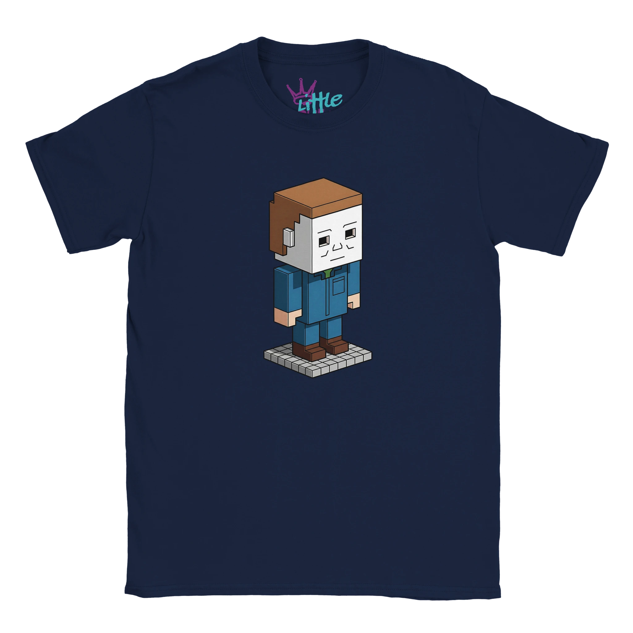 The Halloween Craft x Mined Kids T-Shirt by Little Cult is a navy blue tee with a pixel art character—white square face, brown hair, blue outfit on a gray platform. Ideal for fans of Minecraft-inspired kids’ clothing and minimalist designs.