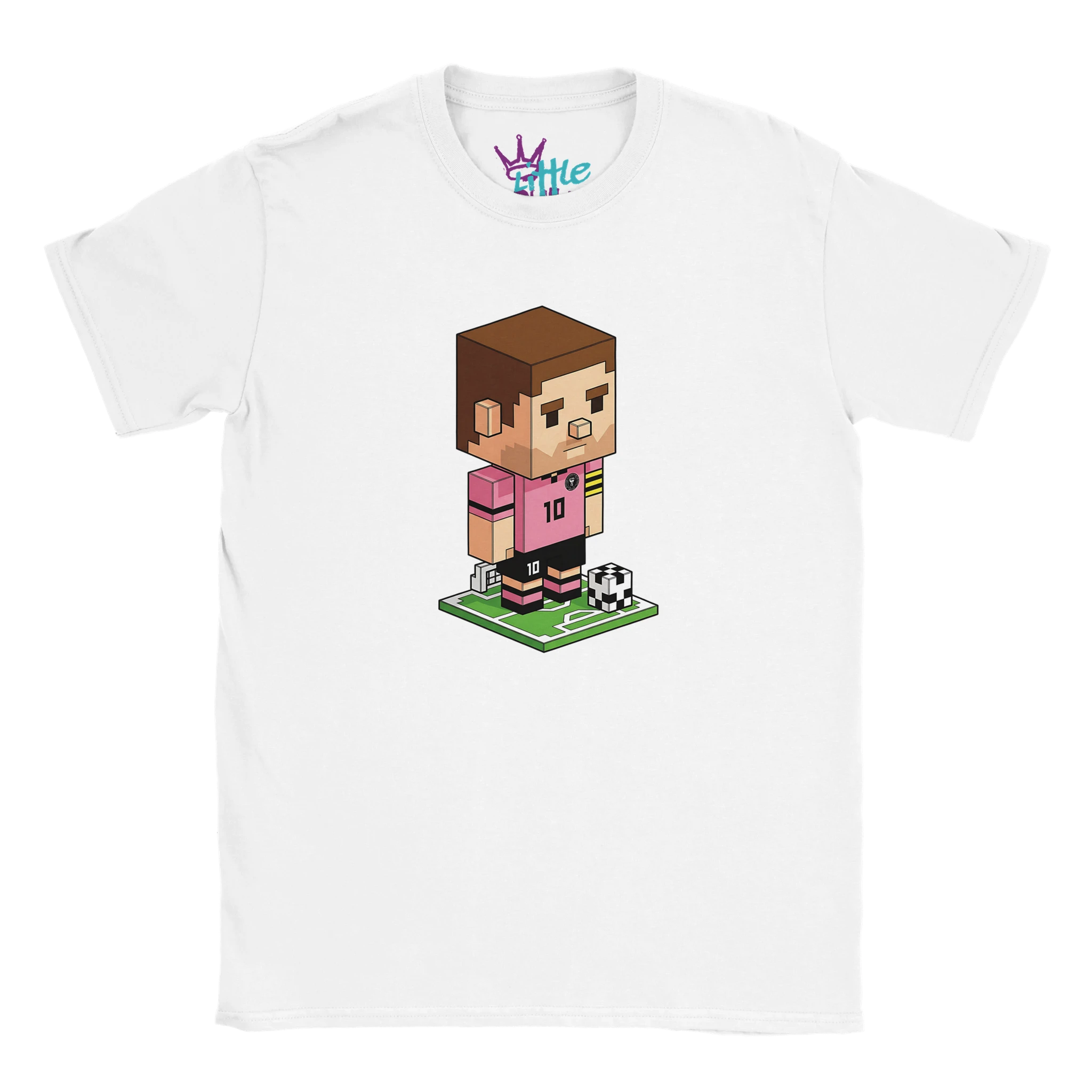 The Miami Craft x Mined Kids T-Shirt by Little Cult features a pixel art soccer player inspired by Inter Miami Messi in a pink #10 jersey—perfect for Minecraft-loving kids.