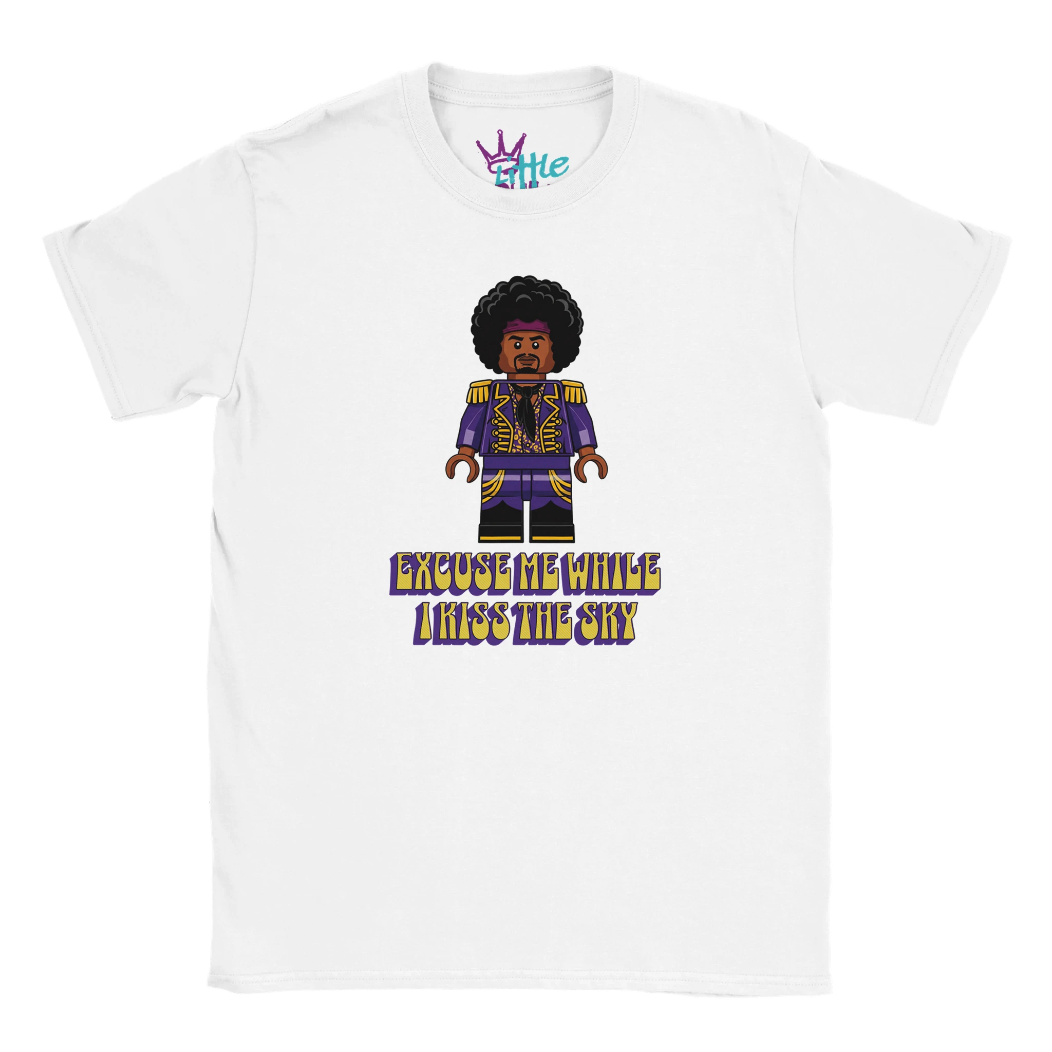 The Purple Brick Haze x Blocks Kids T-Shirt by Little Cult features a LEGO-style Jimi Hendrix with an afro, in purple and gold, and "EXCUSE ME WHILE I KISS THE SKY" text. Part of the Little Cult Blocks Collection.
