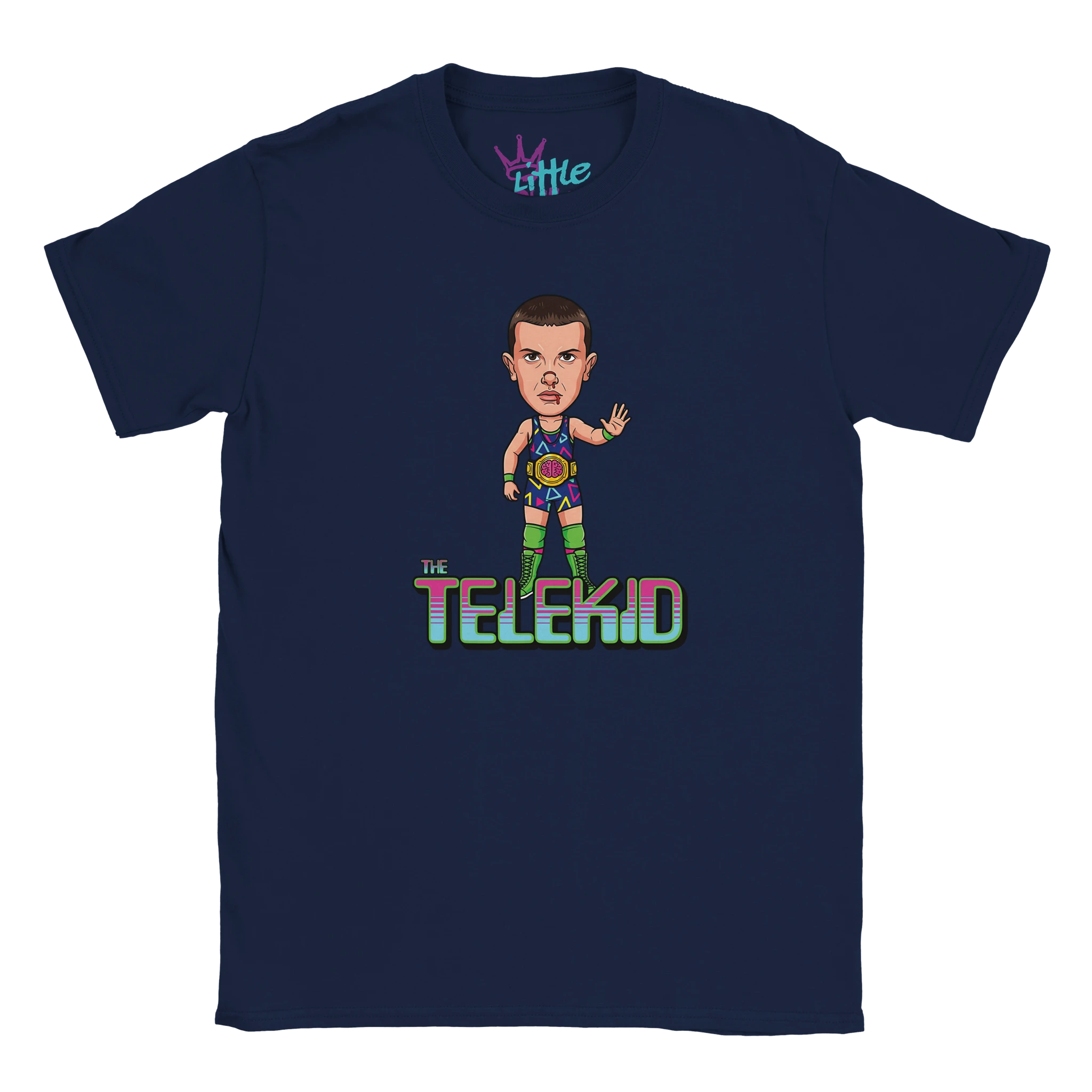 Navy blue The Telekid x Champions Kids T-Shirt by Little Cult, featuring a cartoon superhero above bold, colorful The Telekid text—a fun choice for fans of Stranger Things. The label reads LITTLE.