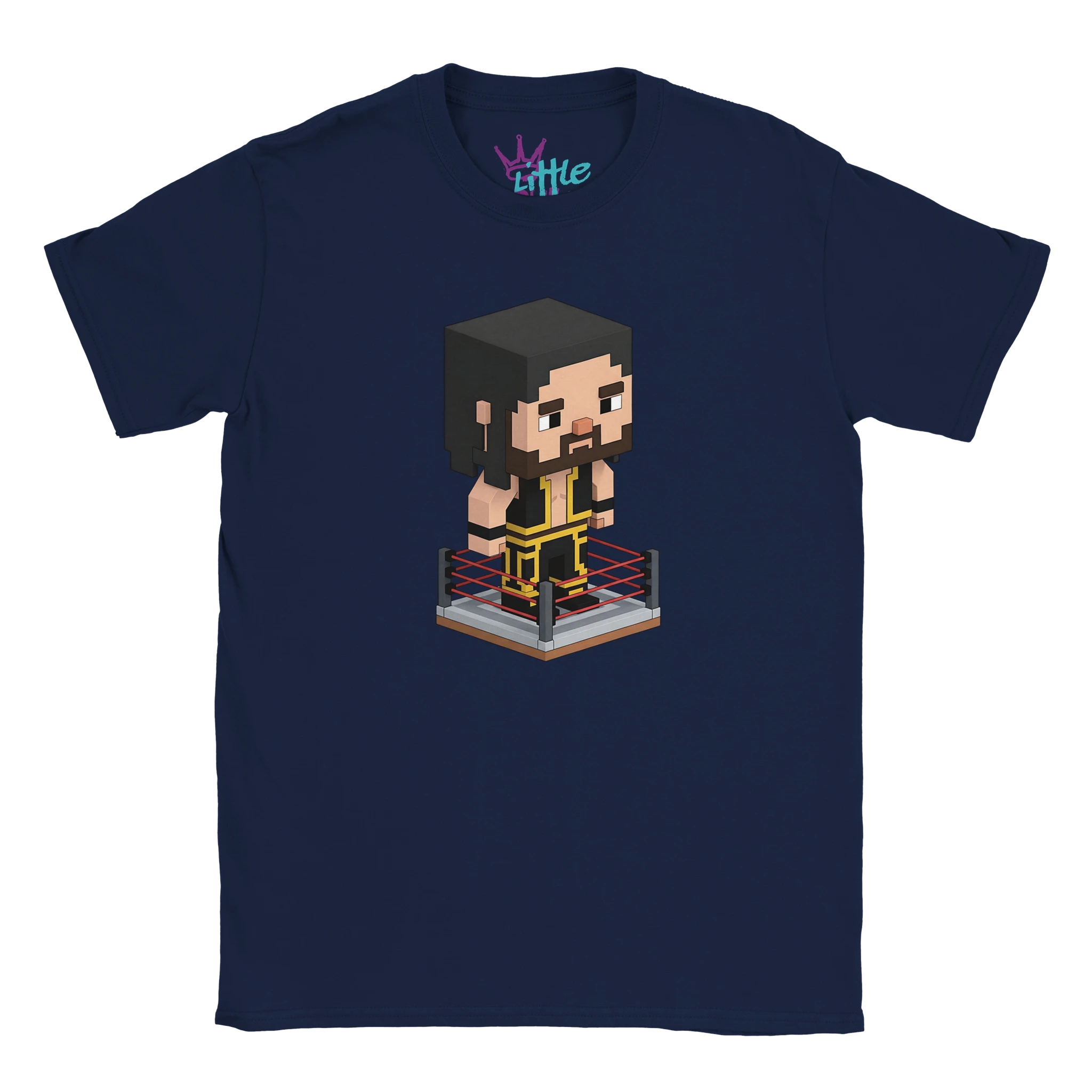 The Little Cult Visionary Cobble x Mined Kids T-Shirt features a pixel art wrestler with long hair and a beard in black and yellow gear, standing in a ring—perfect for WWE and Minecraft fans. Navy blue color.