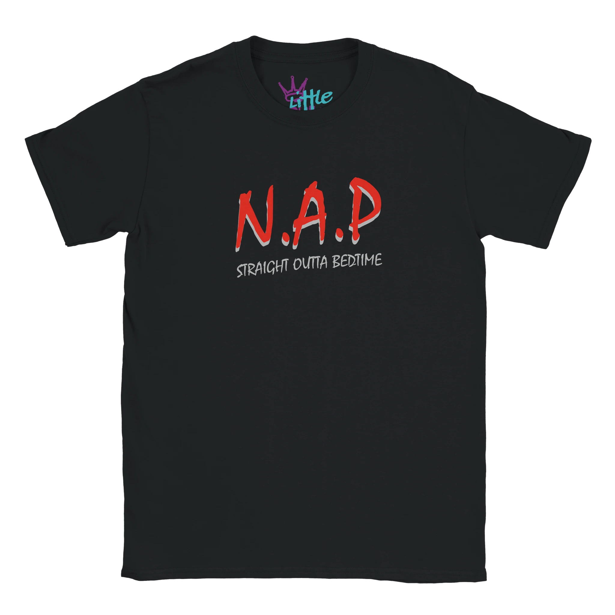 The N.A.P. Straight Outta Bedtime x Riffs Kids T-Shirt by Little Cult is a black unisex tee with bold red N.A.P. letters and STRAIGHT OUTTA BEDTIME in white—perfect for nap lovers, featuring the Little Cult logo in purple and teal inside the collar.