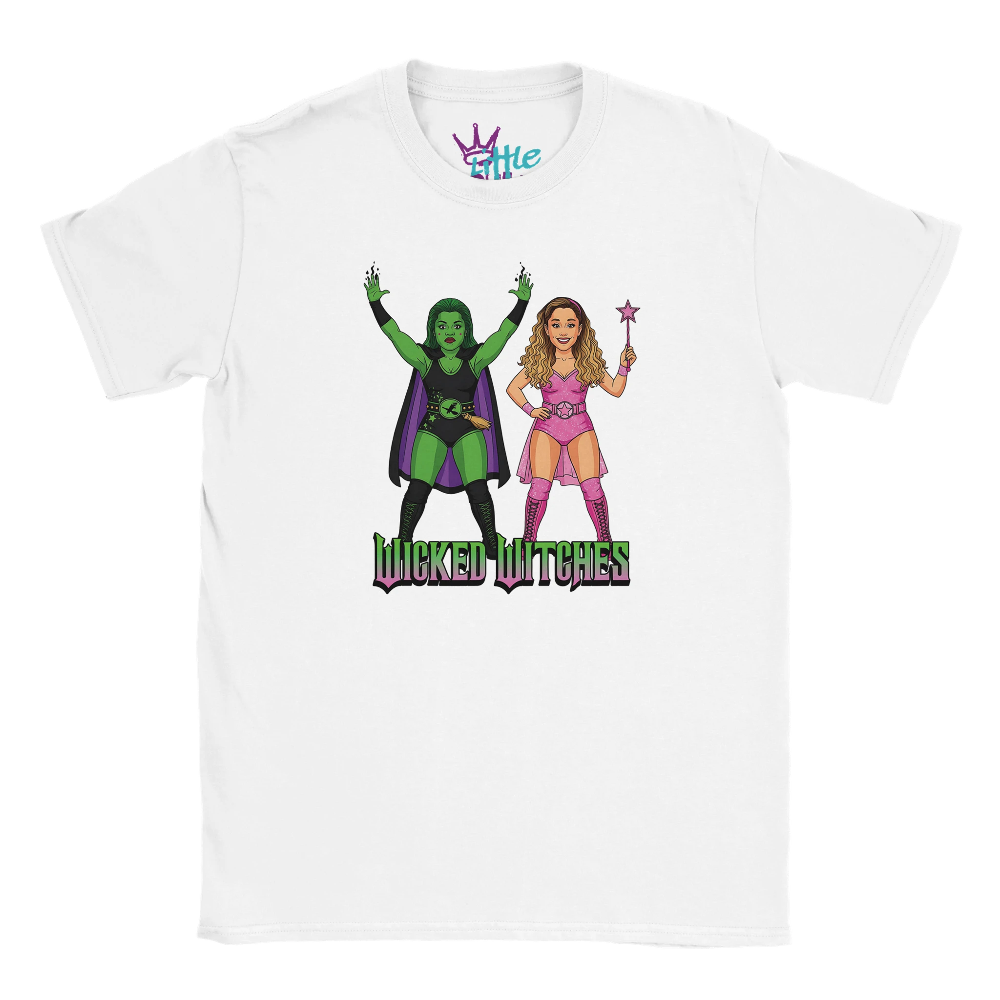 The Little Cult Wicked Witches x Champions Kids T-Shirt features cartoon witches in black and pink with Wicked Witches text—ideal for fans of Elphaba or unique Wicked musical merchandise.