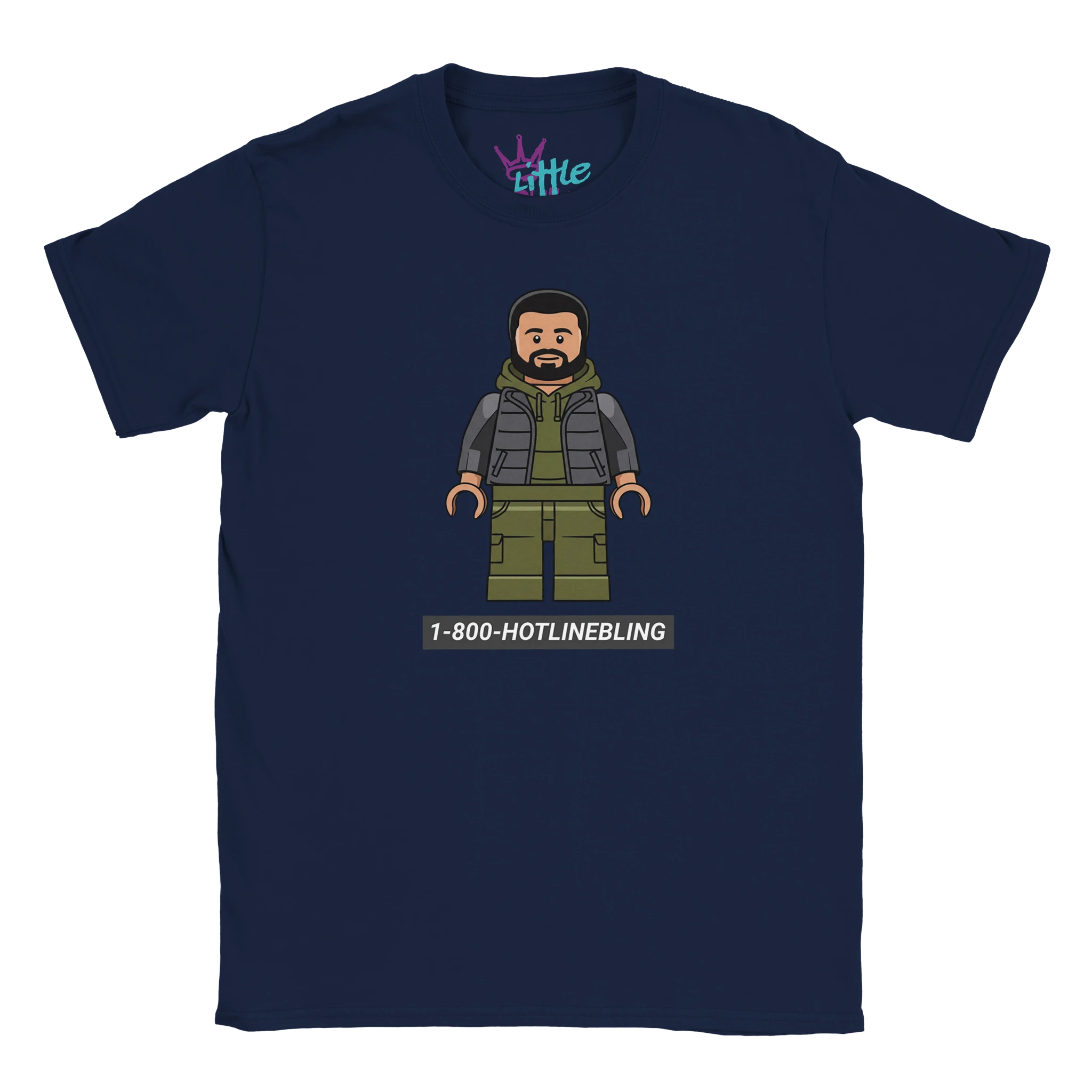 Navy blue 6 Brick God x Blocks Kids T-Shirt by Little Cult, featuring a LEGO-style Drake figure in green and gray with a beard and "1-800-HOTLINEBLING" text below, part of the Little Cult Blocks Collection.
