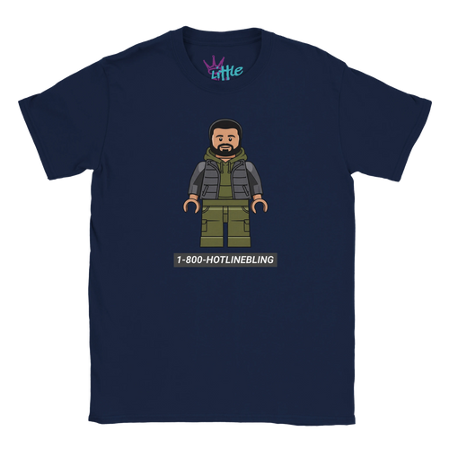 Navy blue 6 Brick God x Blocks Kids T-Shirt by Little Cult, featuring a LEGO-style Drake figure in green and gray with a beard and "1-800-HOTLINEBLING" text below, part of the Little Cult Blocks Collection.