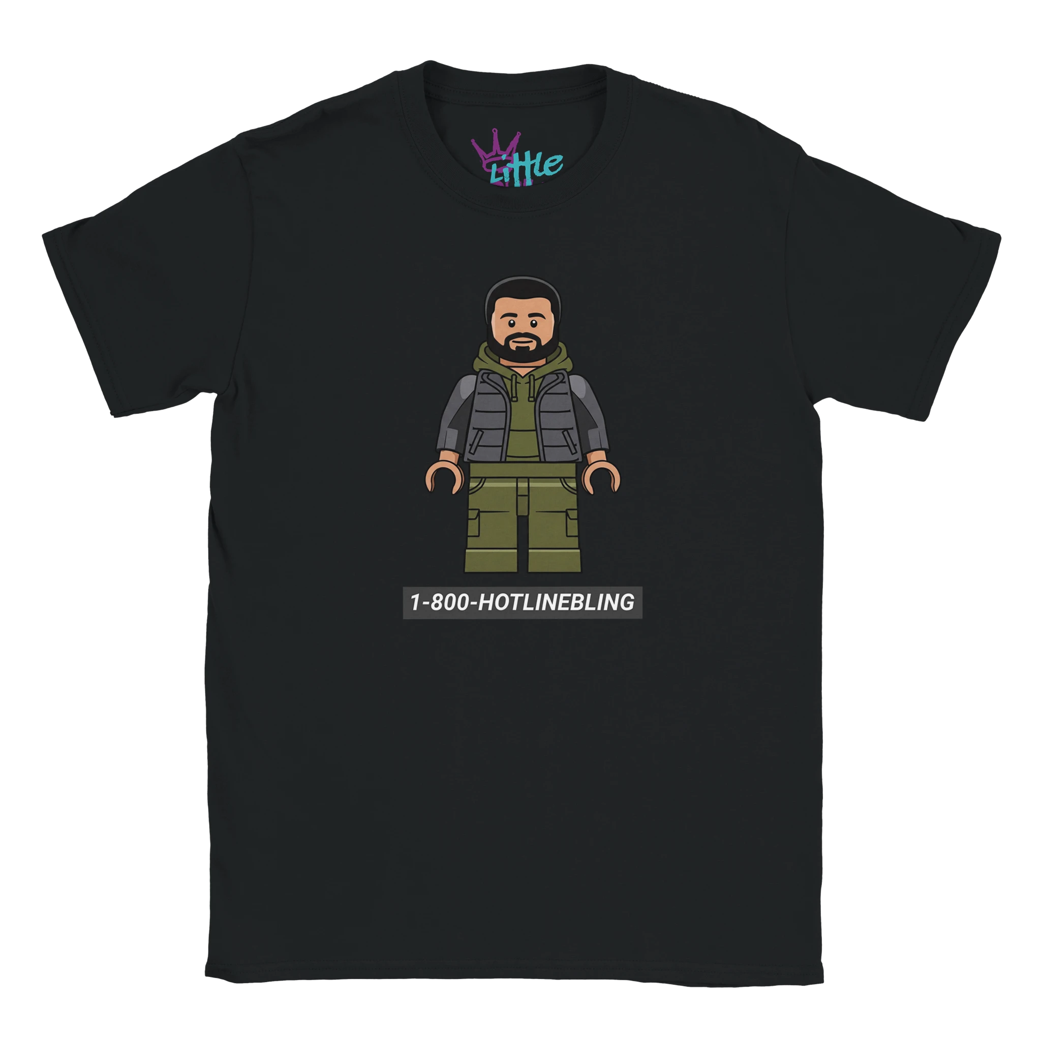 The 6 Brick God x Blocks Kids T-Shirt by Little Cult features a LEGO-style Drake figure in a green jacket and pants with "1-800-HOTLINEBLING" below, part of the Little Cult Blocks Collection.