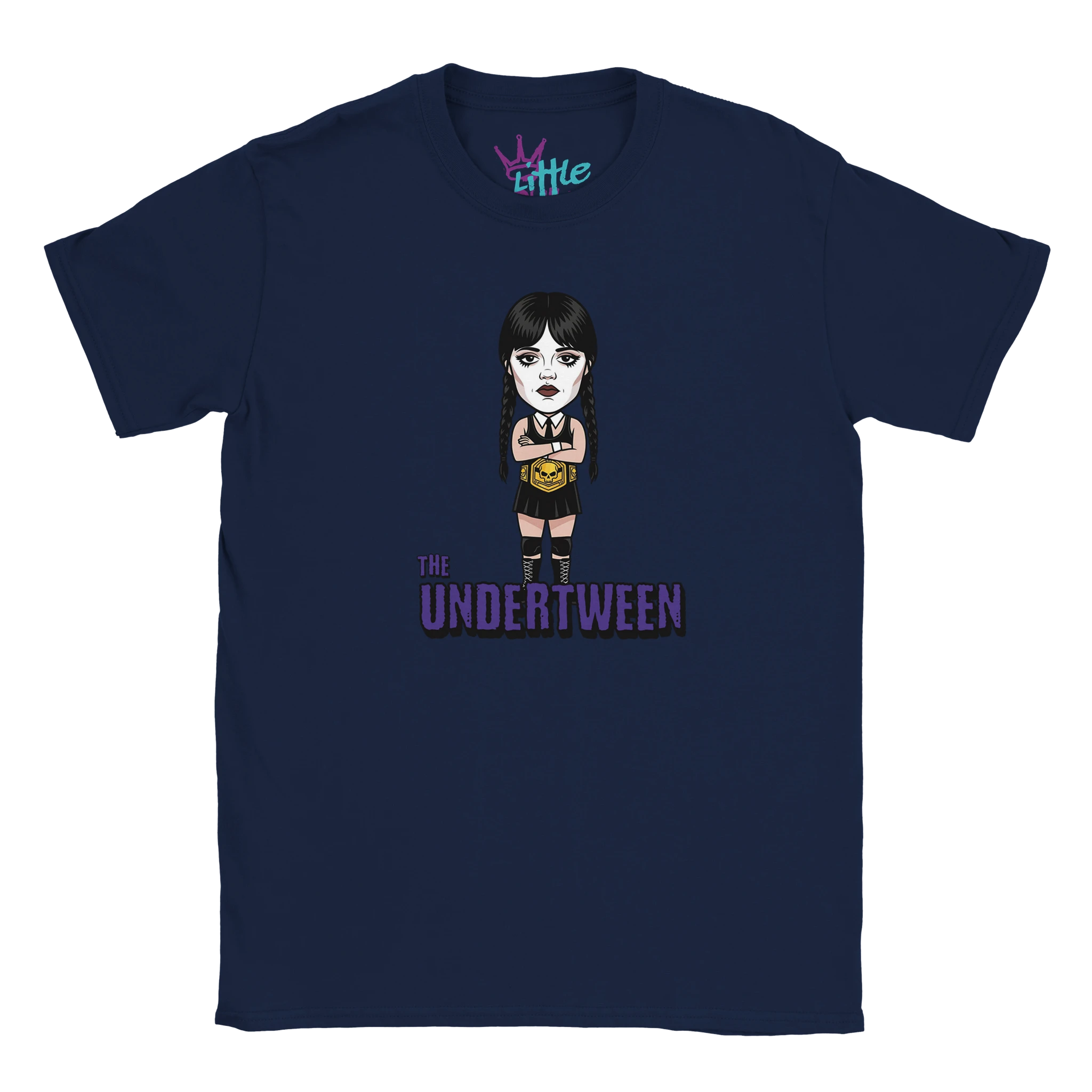 The Undertween x Champions Kids T-Shirt by Little Cult features a cartoon girl with long black hair, dark makeup, black clothes, and a gold belt. Purple The UNDERTWEEN text below. A must-have for Wednesday Addams fans!.
