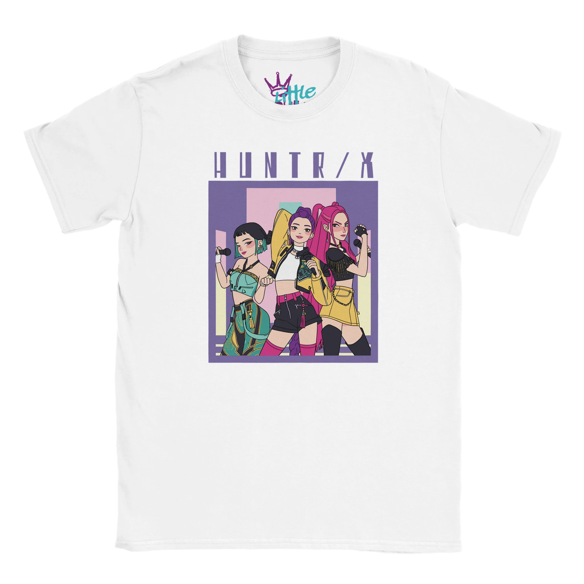 The Little Cult Huntrix Frame x Deokhu Kids T-Shirt in white features three animated women in vibrant, futuristic outfits posing under "HUNTR/X" on a purple and yellow background—ideal for K-Pop fans.