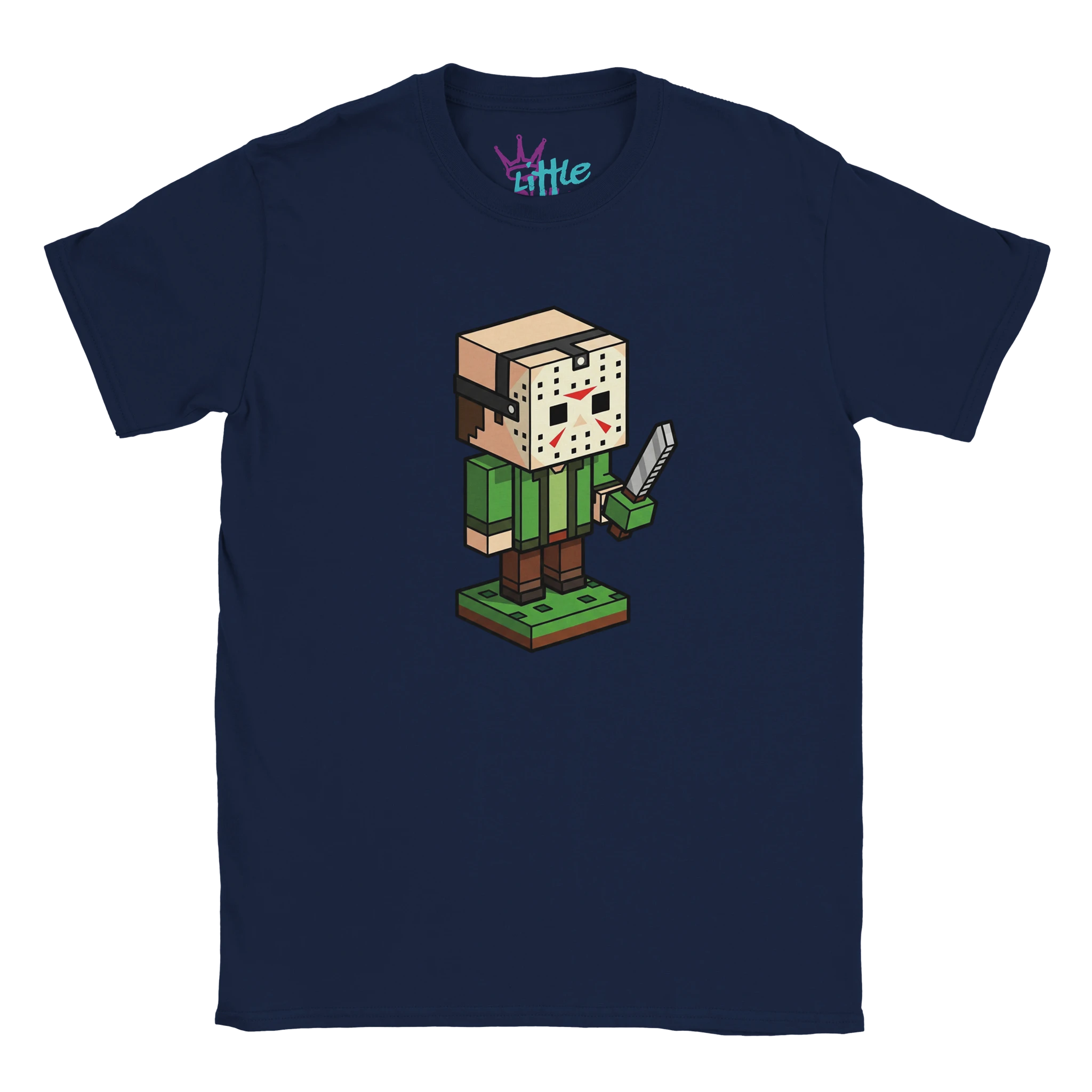 The Little Cult Slasher Stone x Mined Kids T-Shirt features a voxel Jason Voorhees-inspired character with a hockey mask and knife on a green platform—ideal Minecraft-themed apparel for young fans.
