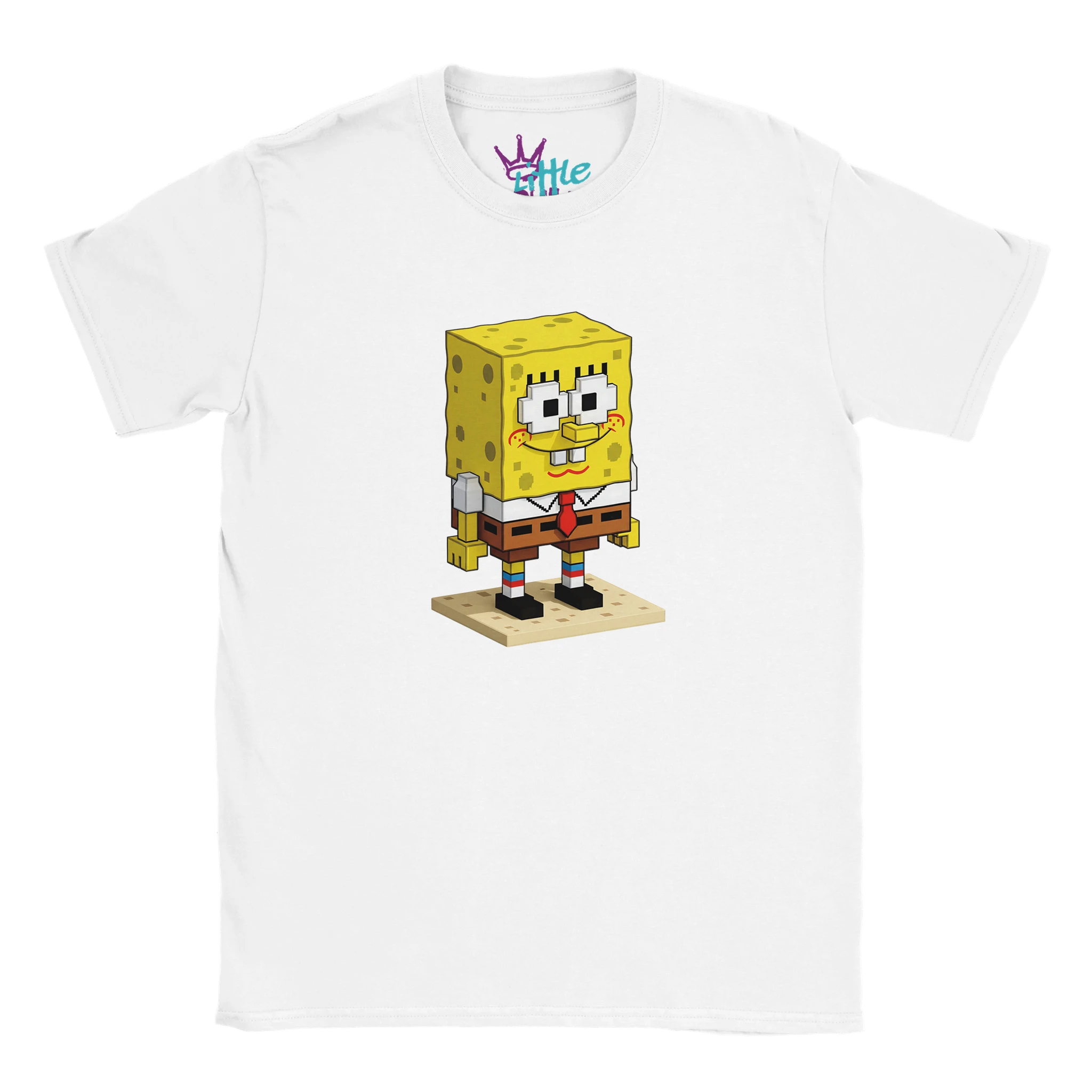 The Pineapple Voxel x Mined Kids T-Shirt by Little Cult features a voxel art SpongeBob SquarePants smiling on a sand-colored platform. Perfect for young fans who love Minecraft-style collectibles.