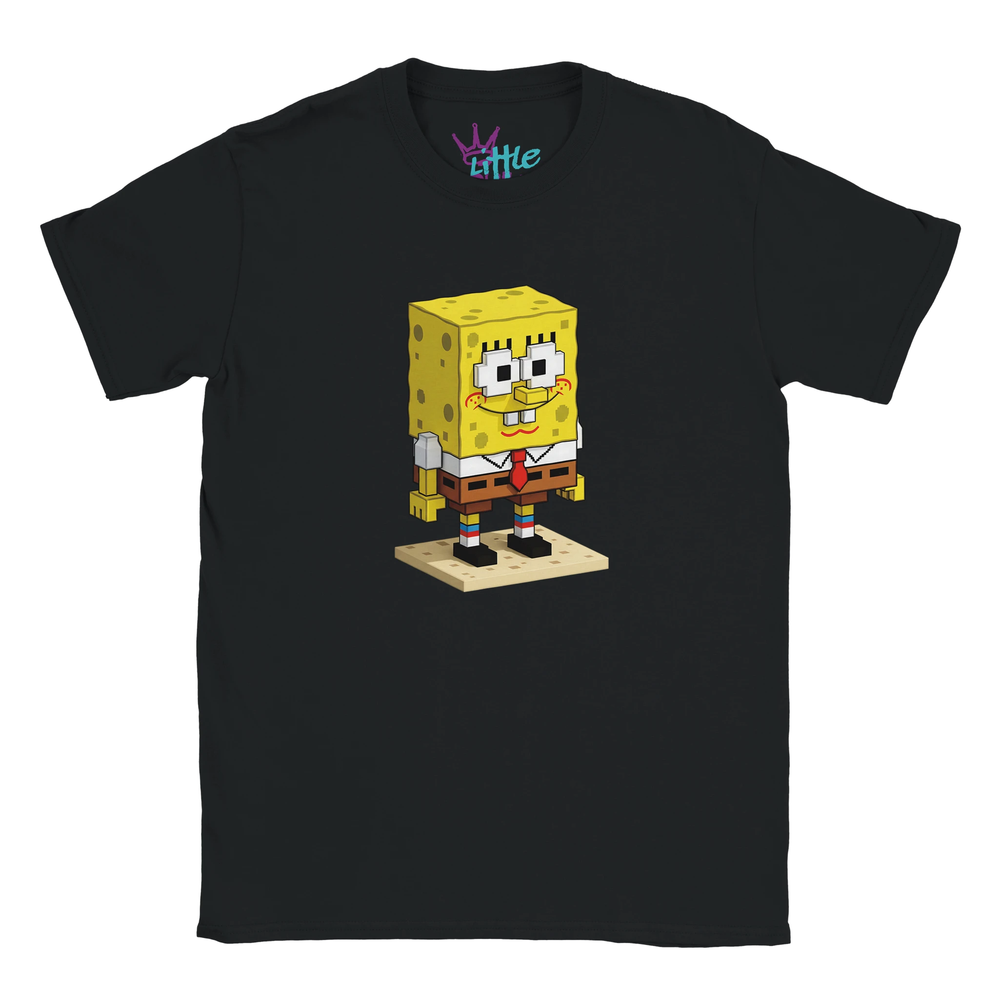 The Pineapple Voxel x Mined Kids T-Shirt by Little Cult features a smiling Sponge in voxel art on black, perfect for fans of Minecraft-style collectibles.