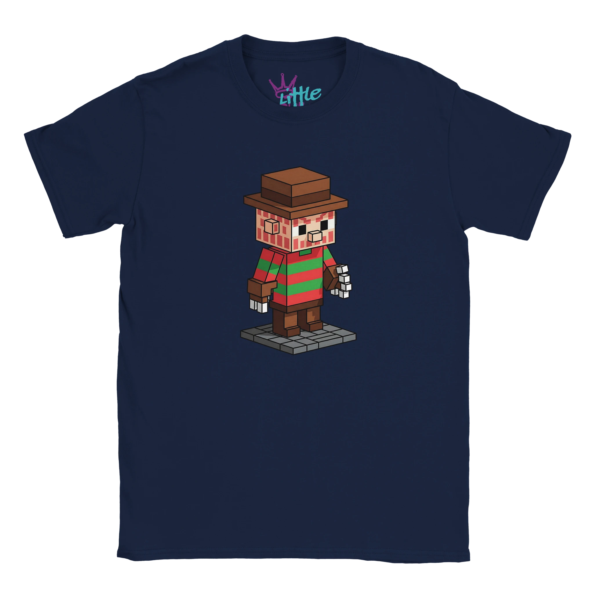 The Nightmare Cobble x Mined Kids T-Shirt by Little Cult features a pixel art character with a brown hat, striped red and green sweater, and metal claws—perfect for horror movie collectible fans.