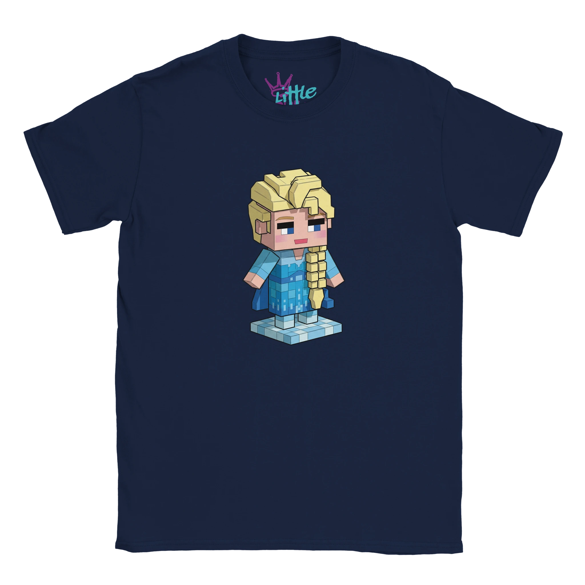 The Ice Voxel x Mined Kids T-Shirt by Little Cult features Elsa voxel art with blonde braids and a blue dress on an ice platform—perfect for Frozen Minecraft fans and those seeking unique Frozen merchandise.