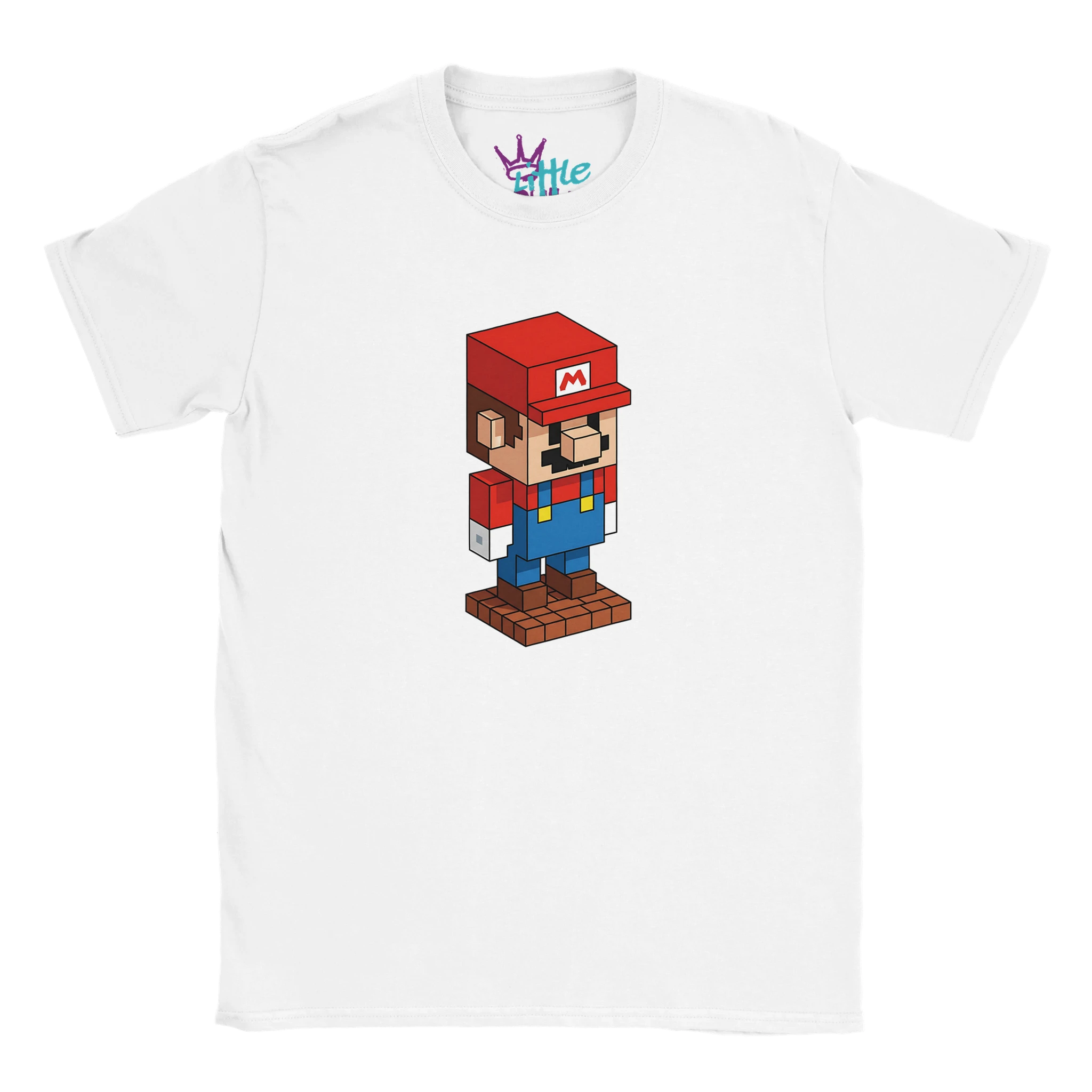 The Little Cult Plumber Forge x Mined Kids T-Shirt is a white tee with a voxel-style, blocky Mario character on brown blocks—ideal for young fans of Minecraft-inspired clothing.
