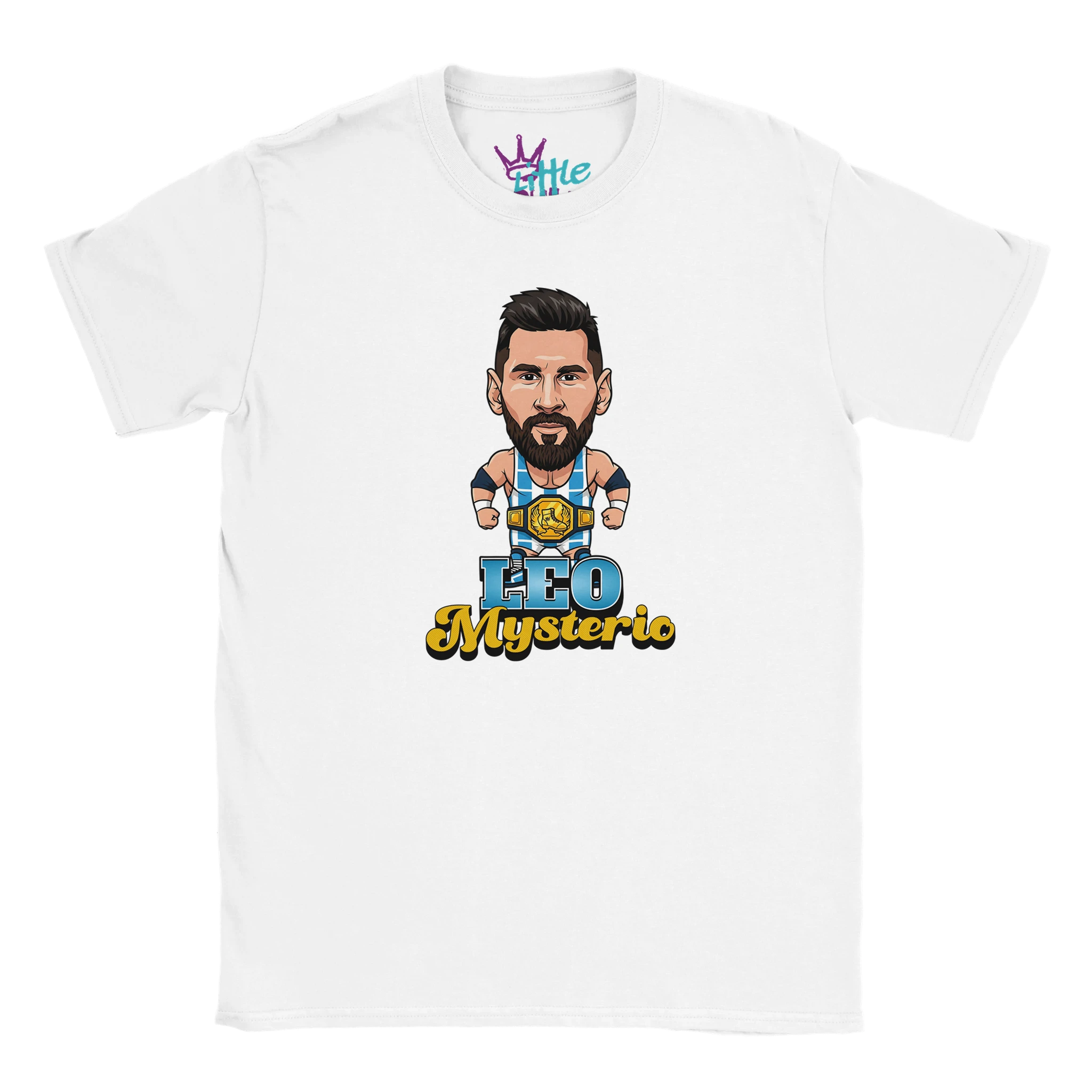 The Little Cult Leo Mysterio x Champions Kids T-Shirt features a cartoon footballer in a lucha libre mask with a trophy and bold LEO Mysterio text—ideal for young Messi fans seeking unique merchandise.