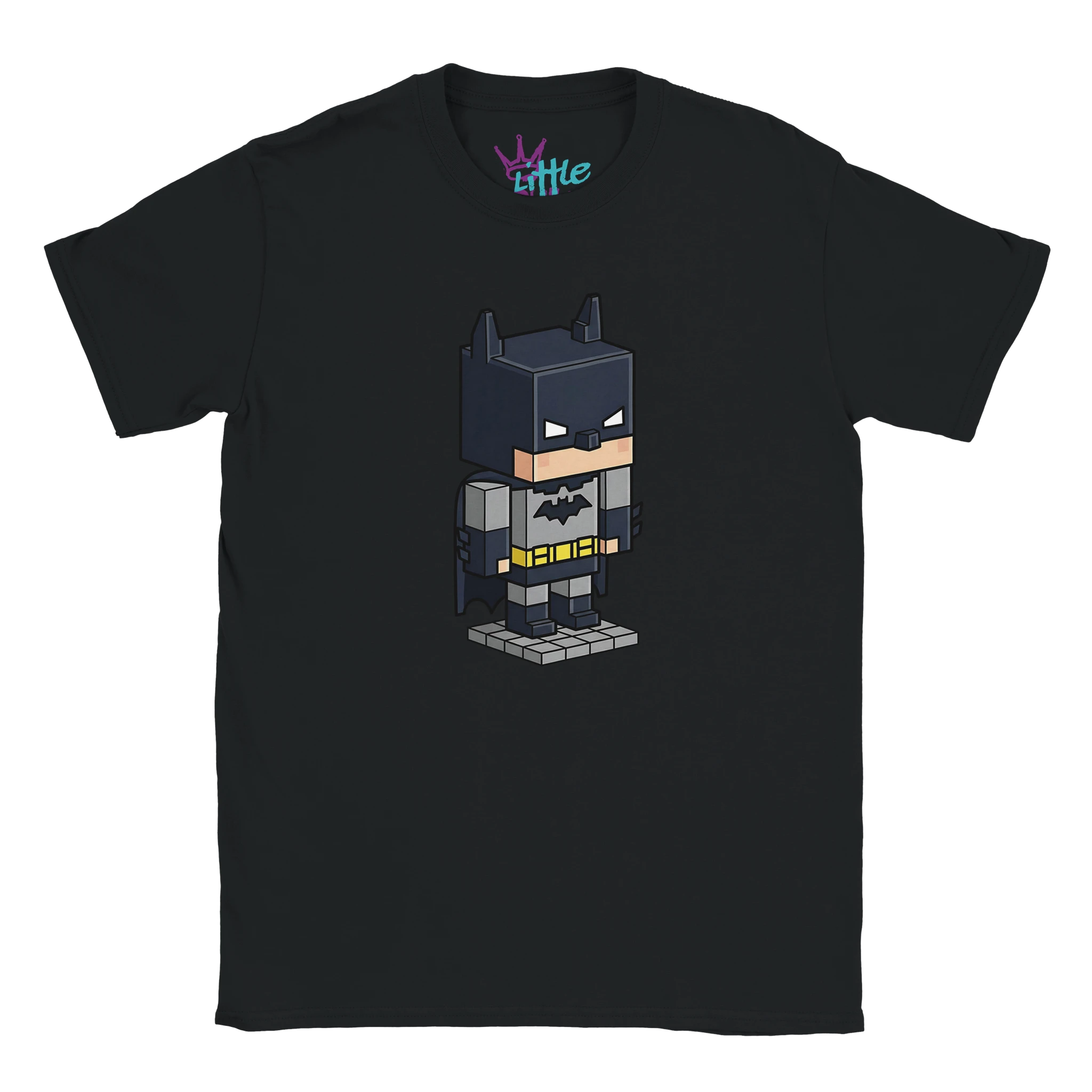 The Little Cult Voxel Knight x Mined Kids T-Shirt is a black tee with a centered, pixel art-inspired Batman cartoon—perfect for fans of voxel-style kids clothing.