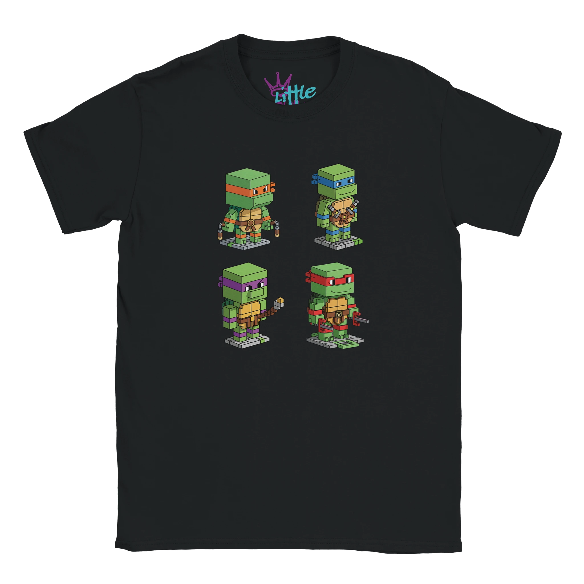The Little Cult Turtle Mine x Mined Kids T-Shirt is a black tee with four voxel art Teenage Mutant Ninja Turtles, each in a separate square holding their signature weapons.