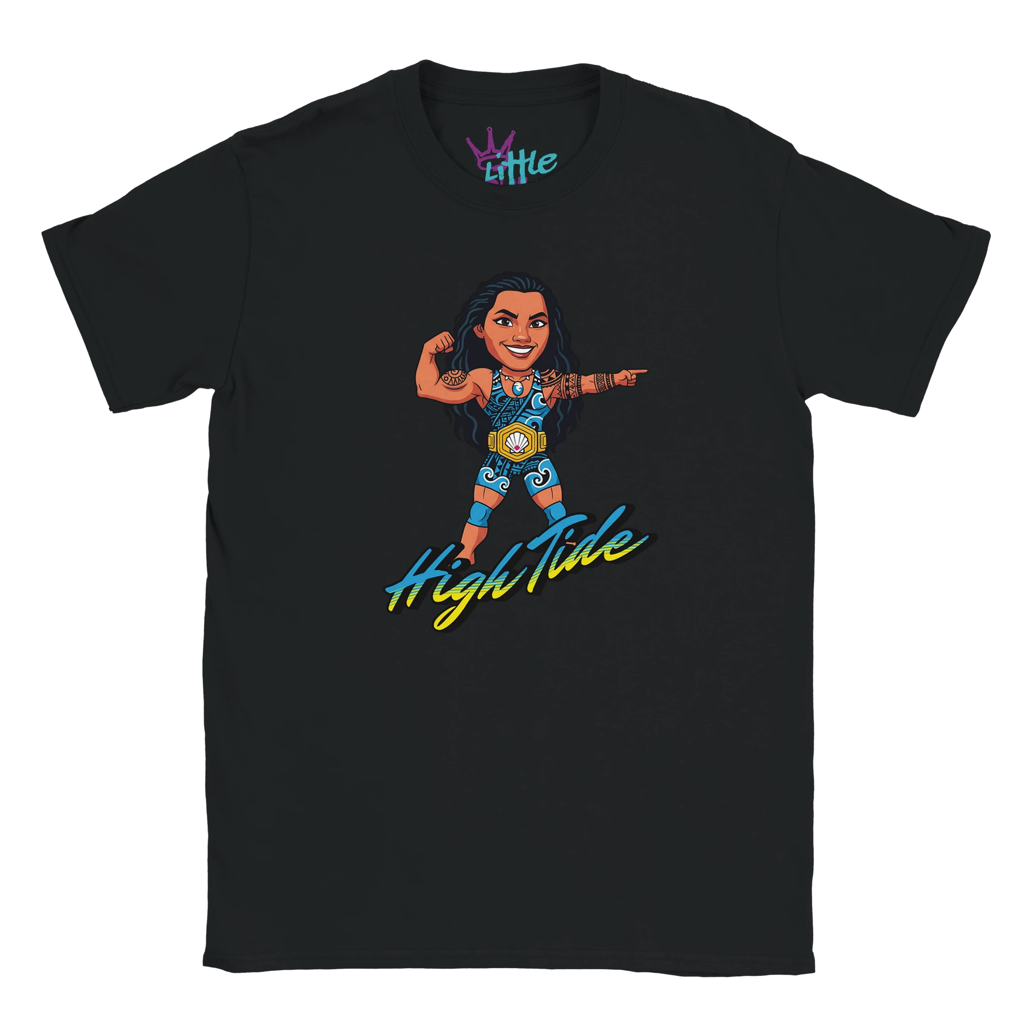 The High Tide x Champions Kids T-Shirt by Little Cult features a cartoon wrestler with a championship belt, flexing and pointing, with High Tide in colorful script below. The Little logo is printed at the collar for a playful wrestling-inspired style.