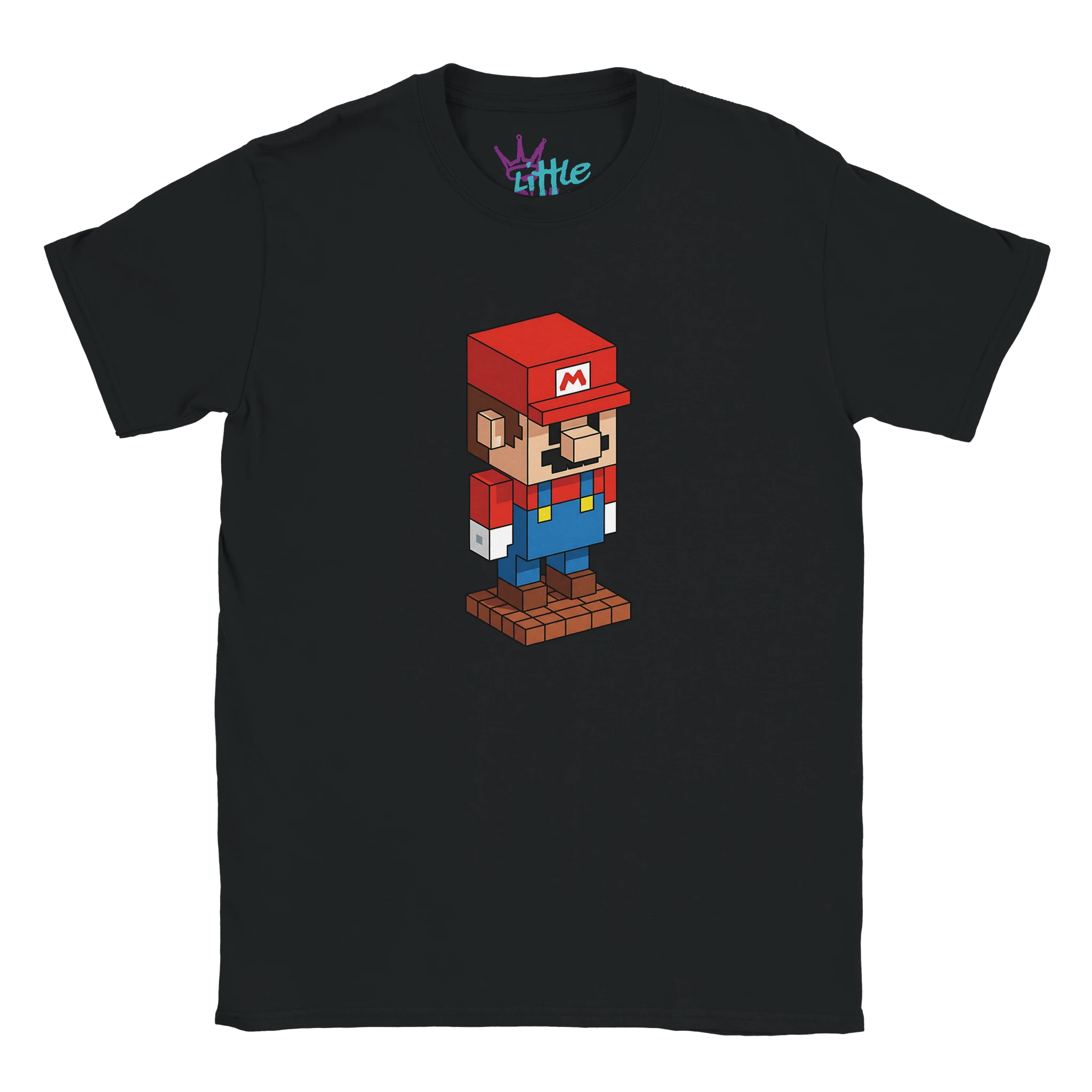 The Plumber Forge x Mined Kids T-Shirt by Little Cult is a black tee with a blocky cartoon plumber in a red hat and overalls, inspired by Super Mario and voxel art, standing on brown blocks for a playful retro game look.