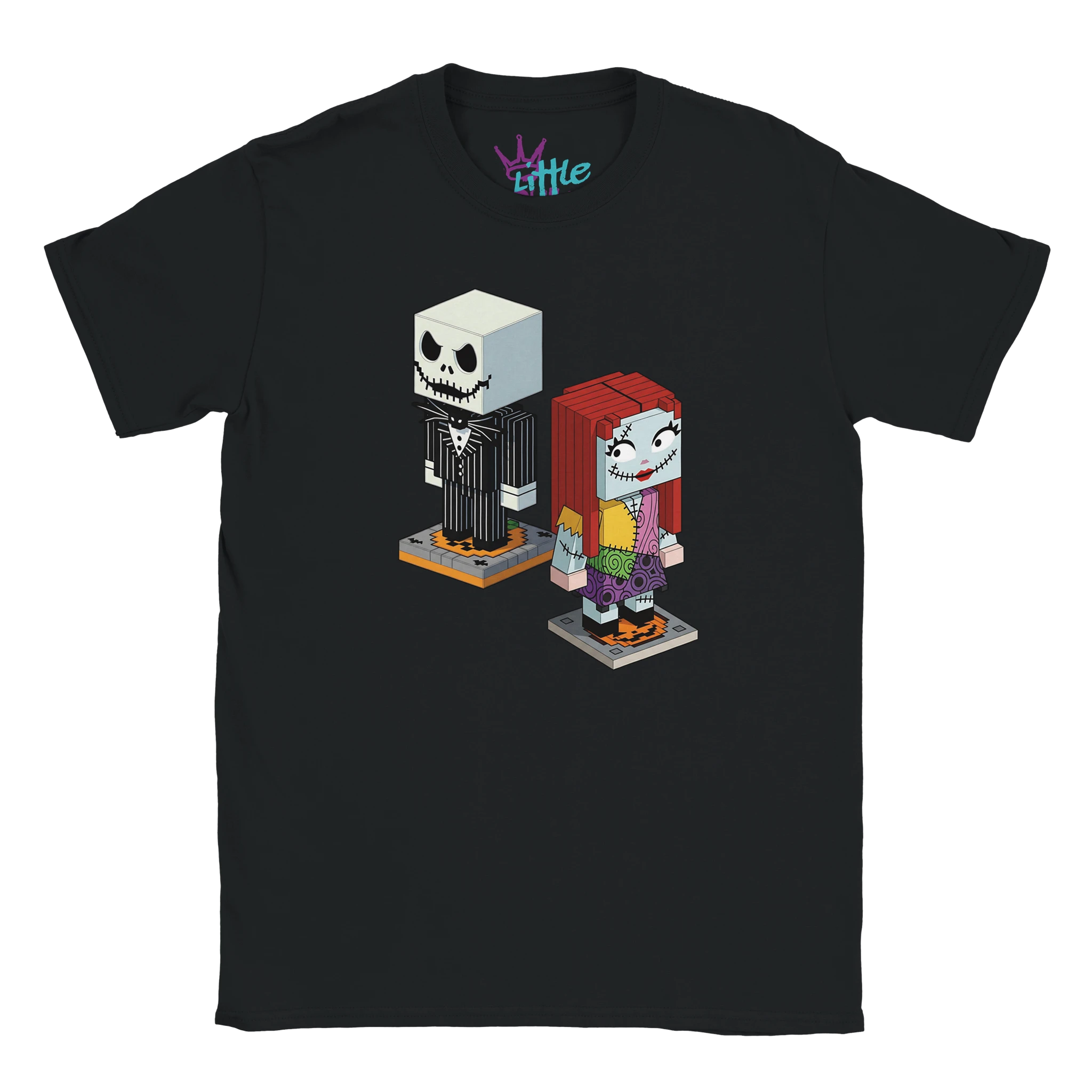 The Little Cult Nightmare Craft x Mined Kids T-Shirt features voxel art cartoon Jack Skellington and Sally from The Nightmare Before Christmas, standing side by side on platforms.