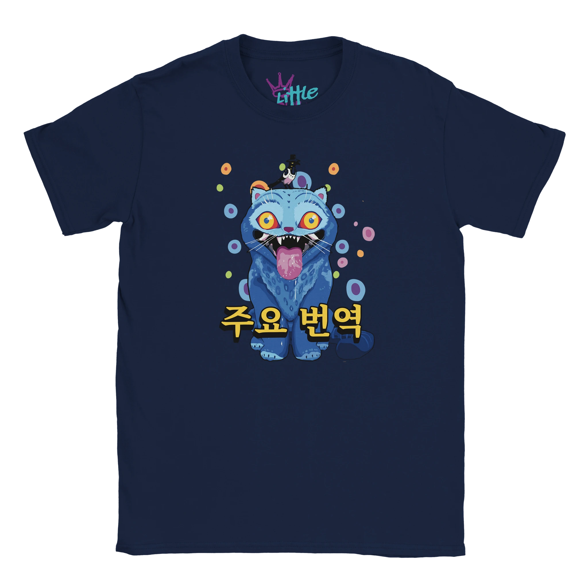 The Little Cult Derpy Polka Dots x Deokhu Kids T-Shirt in navy features a colorful cartoon creature with big eyes, an open mouth, and tongue out, surrounded by bubbles and Korean text—a fun K-Pop style tee for kids!.